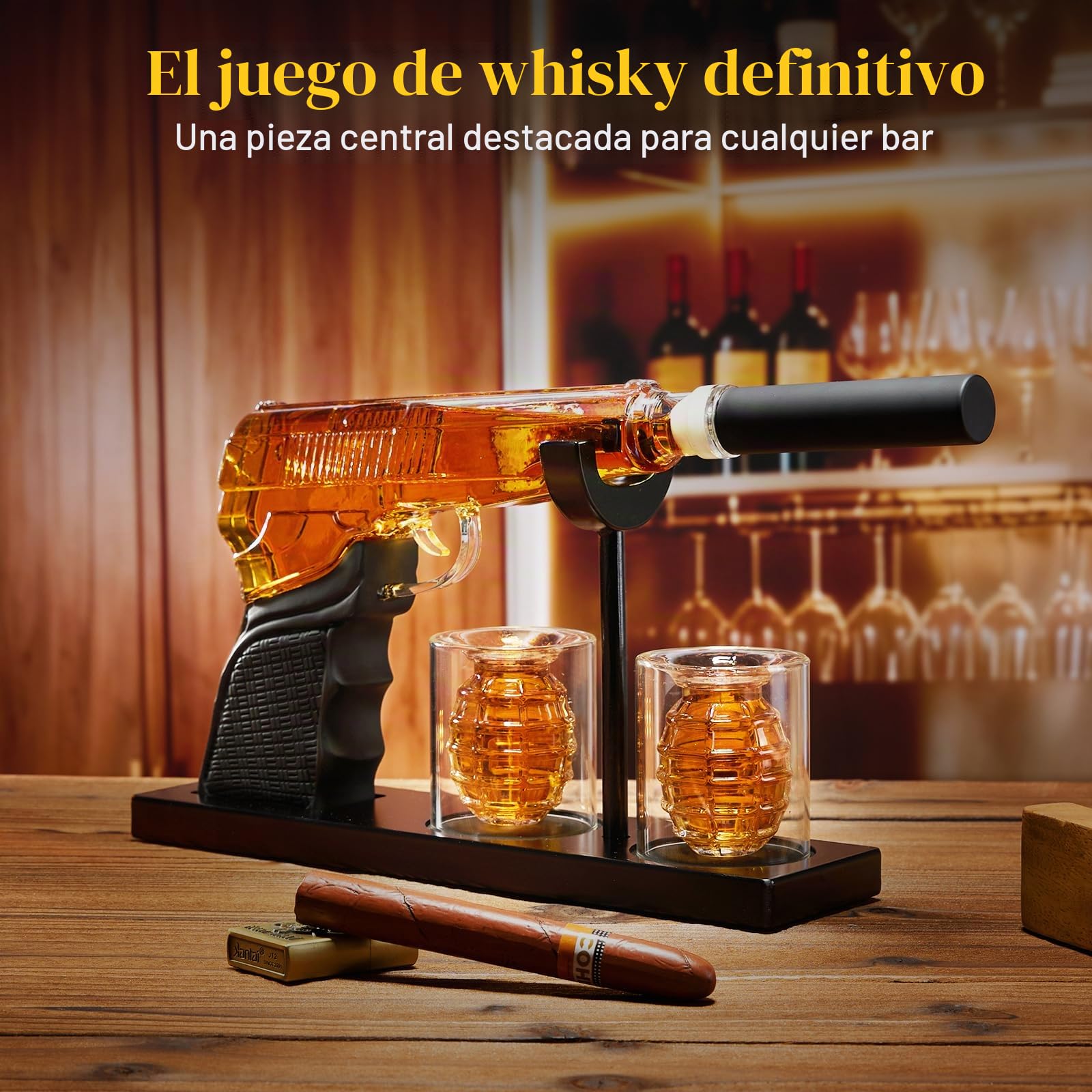 Juego de decantador de whisky para hombre, decantador de pistola de 400 ml + 2 vasos de granada, juegos de decantador de whisky premium para hombres, gran idea de regalo para ocasiones especiales y