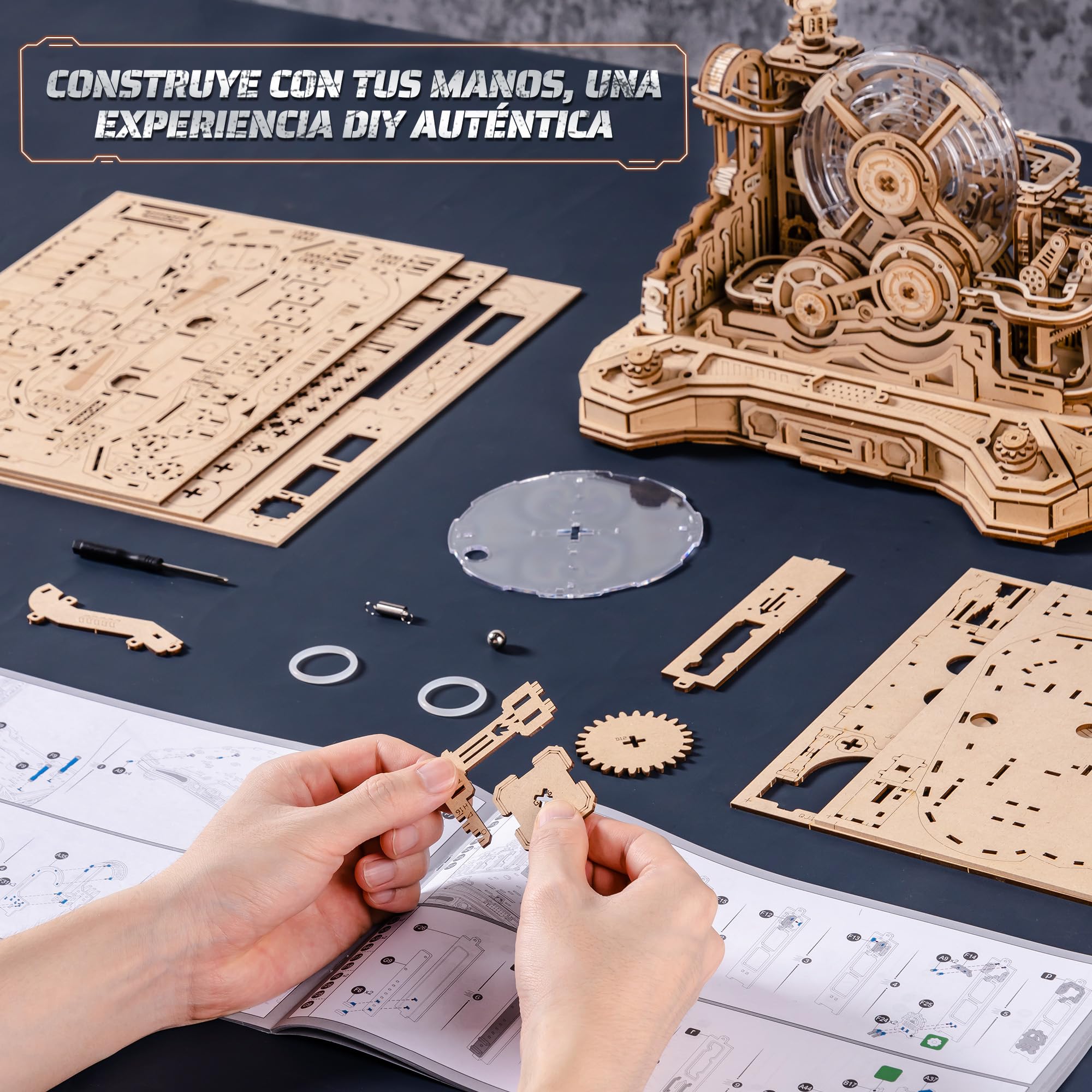 ROBOTIME Gear Ball Challenge EGC01 Puzzle 3D de Madera, Laberinto mecánico de Bola de 653 Piezas con diseño de Mando, Kit DIY para Adultos y Adolescentes 14+