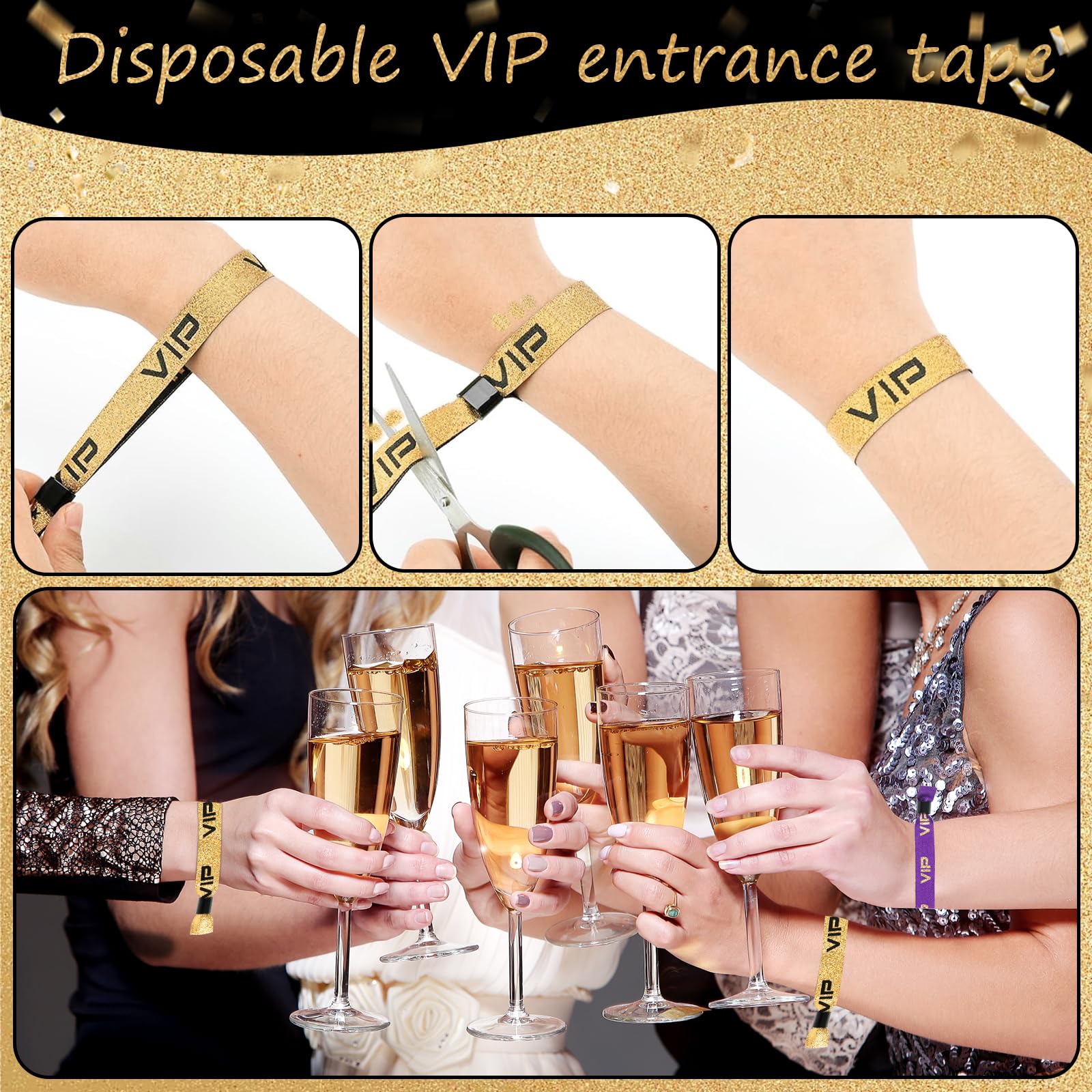 Braccialetti in tessuto VIP nero oro regolabile antistrappo per eventi feste concerti