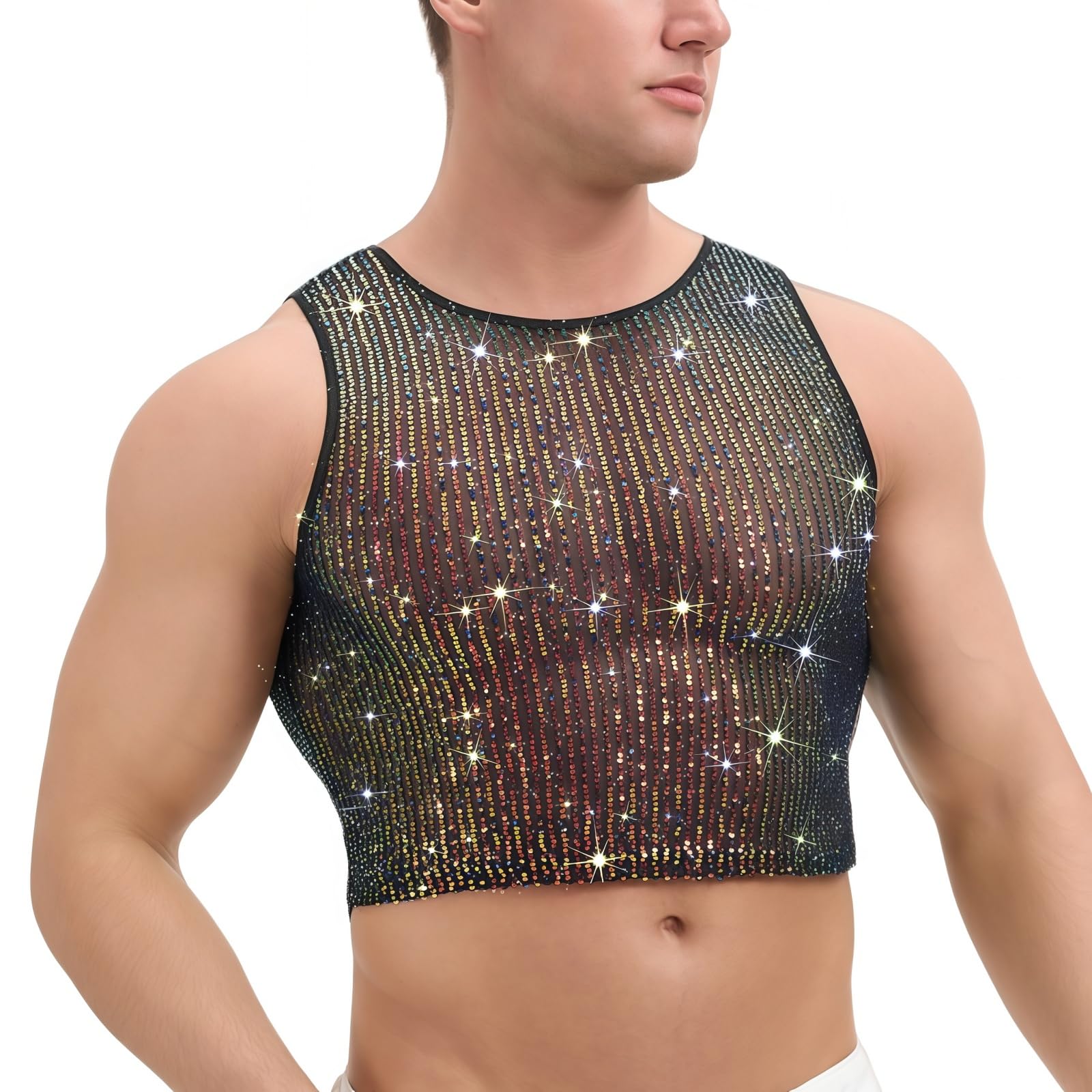 TouKingda Mens Shiny Sequin Tank Top Sexy Crew Neck Glitter Sequins Mesh Vest Top See Through Sleeveless Slim Fit Muscle T-Shirt Sparkle Undershirt for Carnival Rave Party Nightclub, Iridescent L