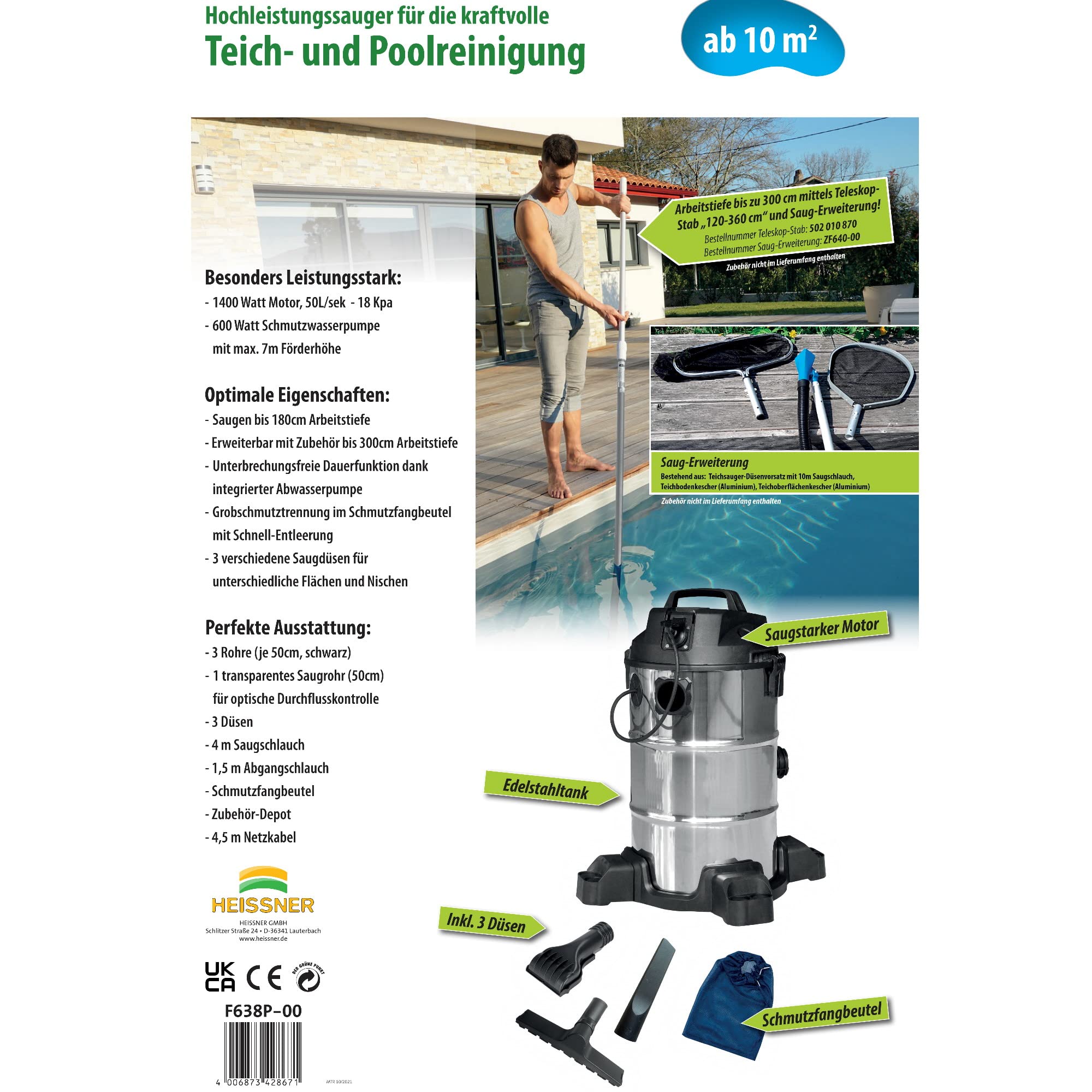 Heissner F638P-00 Aspirateur de boue de bassin en acier inoxydable