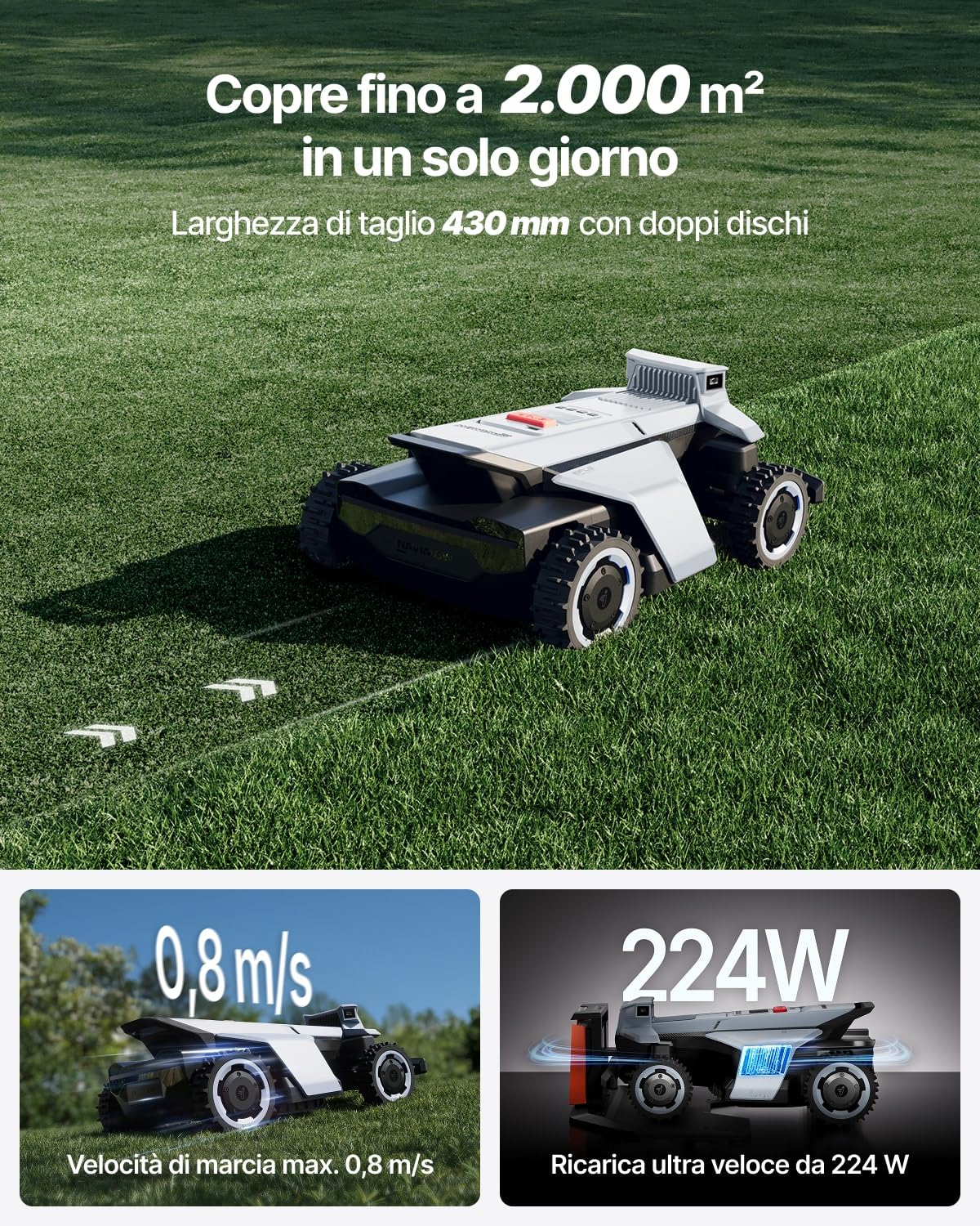 Segway Navimow X420 robot tagliaerba con Garage X, AWD per pendenze fino all’84%, Zero-Turn, tagliaerba per tutti i terreni, MowMentum 2×180 W, fino a 2000 m² (Spedito separatamente)