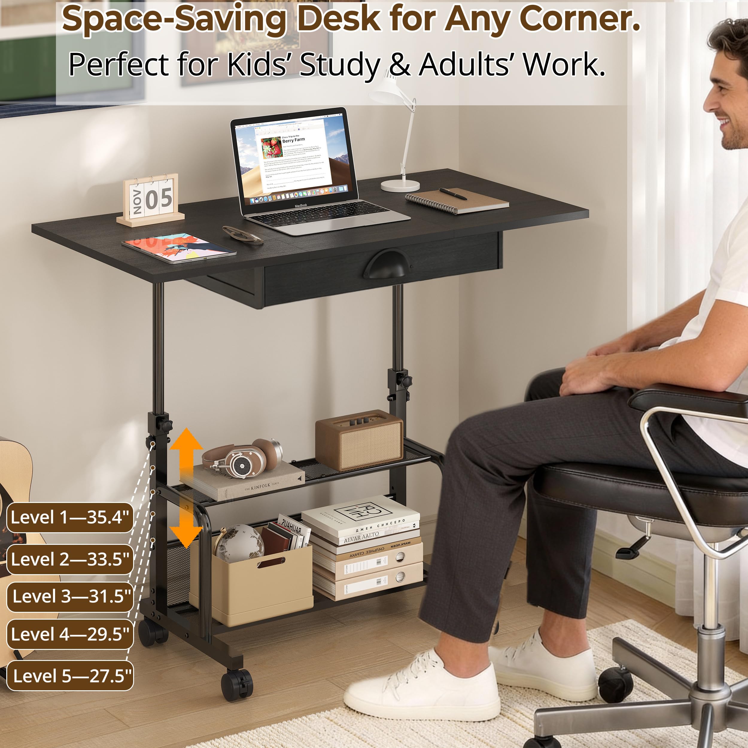 Adjustable Height Small Computer Desk with Drawers Portable Rolling Desk for Seated Use 32 Laptop Desk for Home — view 4