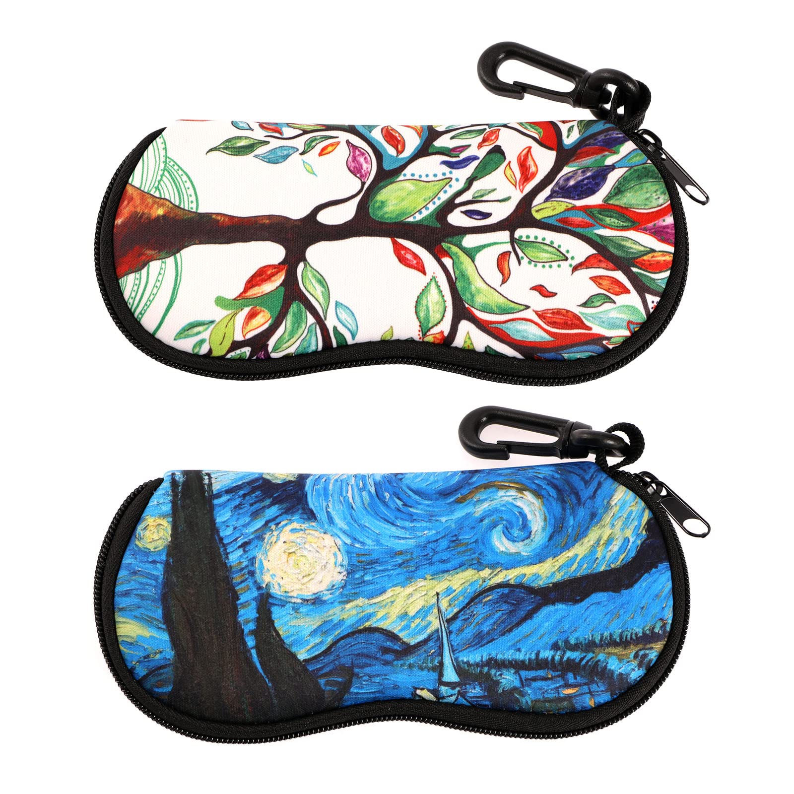 2PCS Sunglasses Soft Cases Portable Travel Spectacle Bag Ultra Light Neoprene Colouful Tree Starry Sky Eyeglass Pouch with Carabiner and Zipper