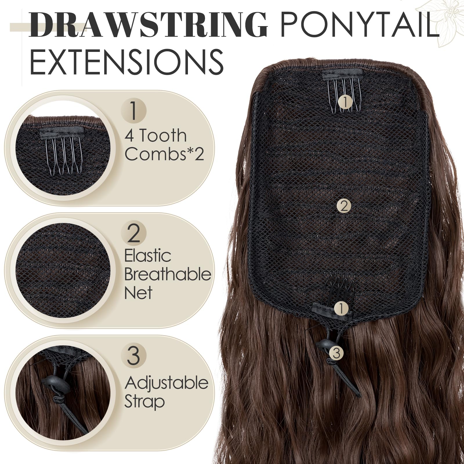 TESS 32 Inches Drawstring Ponytail Extension, Corn Curl Hair Pieces for Women 155g Curly Ponytail Extension, Chestnut Brown - Image 4