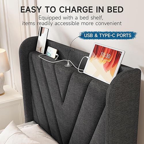 Miniatura 38 de koorlian Marco de cama Queen con plataforma tapizada ajustable de terciopelo con puertos tipo C y USB, cabecera de almacenamiento con respaldo de
