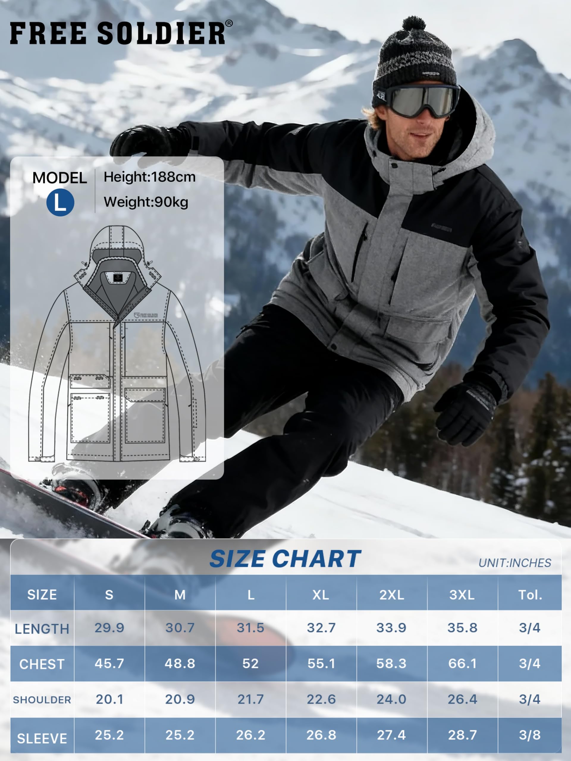 FREE SOLDIER Men's Waterproof Ski Jacket Fleece Lined Warm Winter Snow Coat with Hood Fully Taped Seams