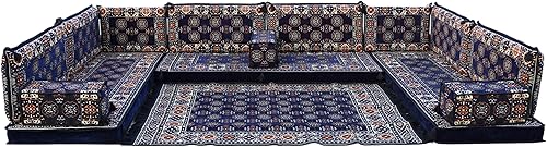Miniatura 10 de arabicsofa Juego de sofá de asiento bajo Majlis árabe azul marino, fundas lavables para sala de estar, cojines de suelo turcos