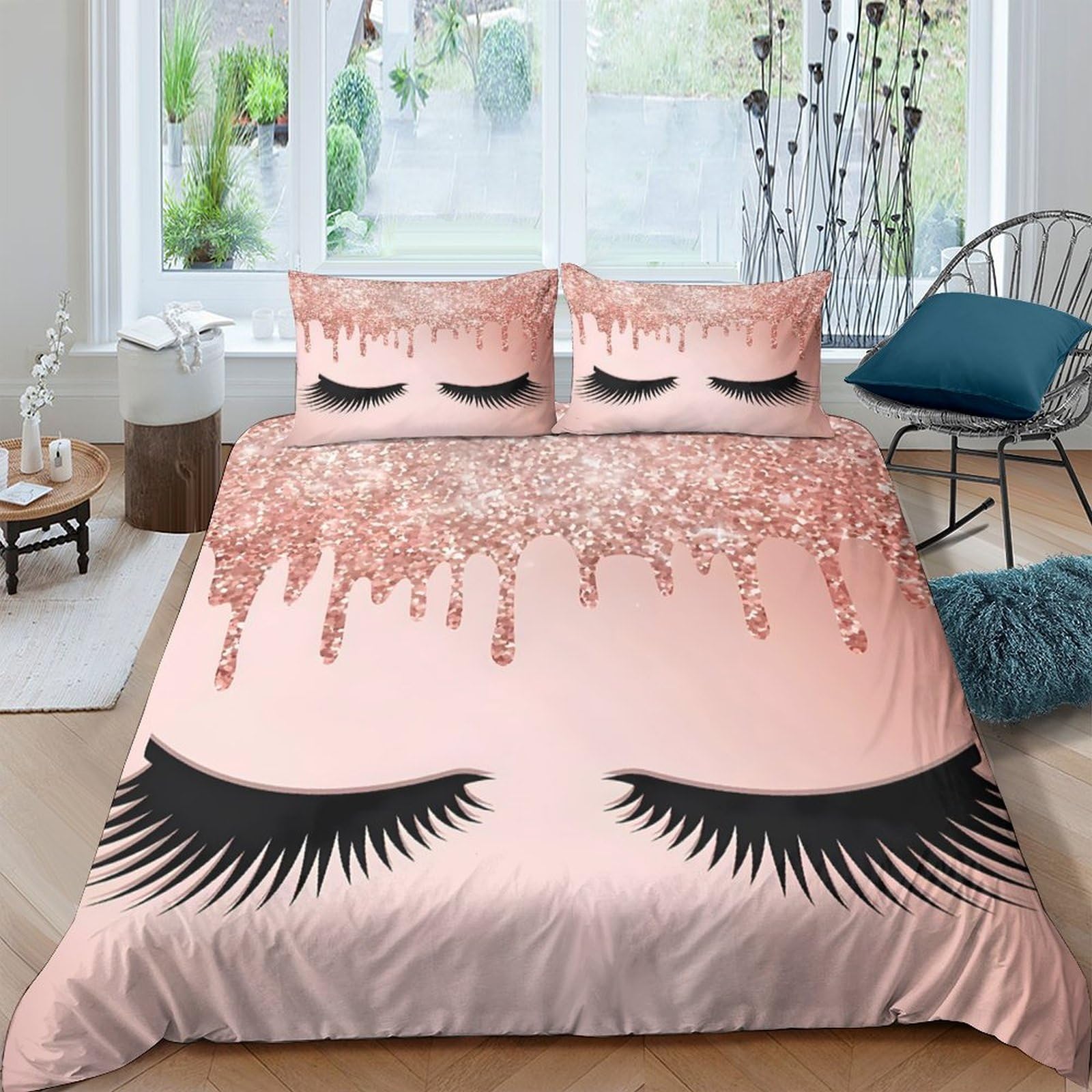 Ctjqhvkz Style-1 3D Printed Pink Glitter Eyelash Fitted Sheet Microfiber Soft Anti-Slip Bed Cover For Bedroom Dorm Mattress Protection Decor Single（135X200cm）