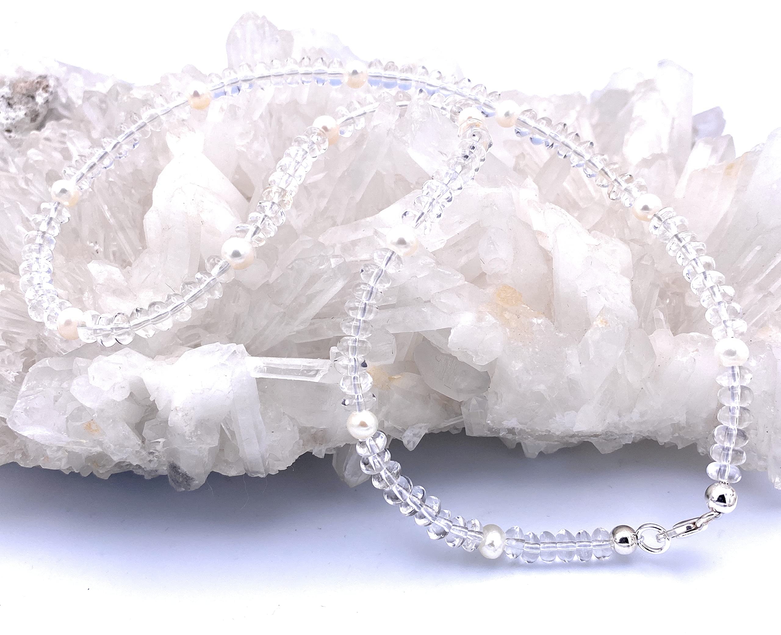Bergkristall Schmuck (Halskette) Bergkristall Kette mit Süßwasserperlen Verschluss 925er Sterling-Silber Modellnummer 255A