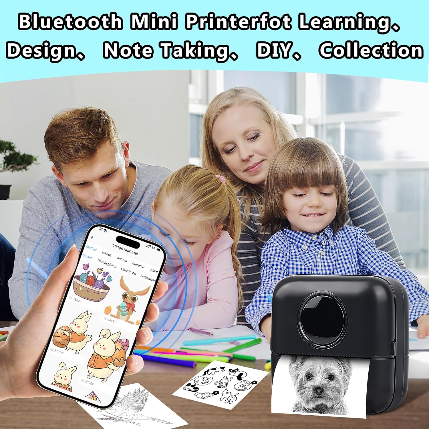 GuKKK Mini-принтер, мобильный фотопринтер, портативный беспроводной термопринтер, 13 рулонов бумаги для принтера и 5 мелков, помощь в учебе, заметки, записи, списки