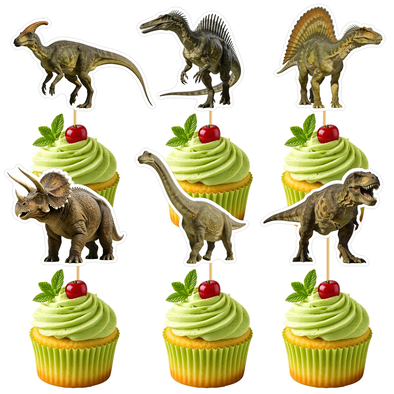 48Pcs Dinosaur Cake Toppers Set, 6 Unique Designs for Dinosaur Birthday Decorations, Park Themed Party Supplies, Non-Edible Cupcake Toppers and Cake Decorations