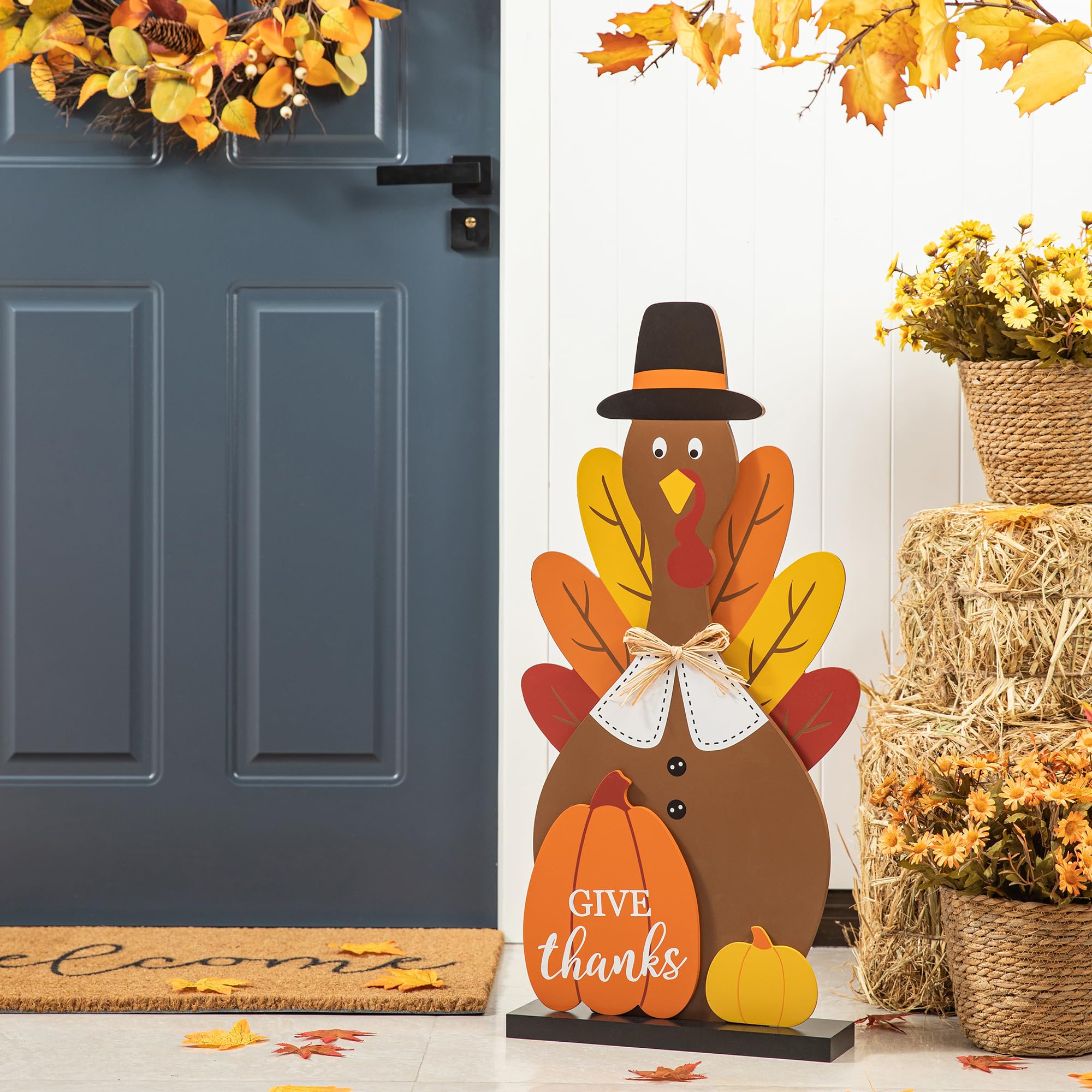 Glitzhome Decoración de porche de madera de Acción de Gracias de 31 pulgadas de alto con base de madera maciza, bonito pavo con sombrero negro, decoración de patio con calabaza para entrada al aire