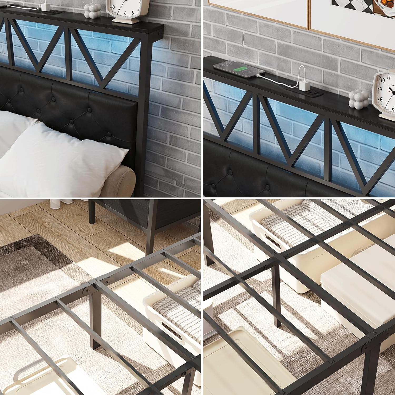 CollaredEagle Full Size Bed Frame with LED Light and Charging Station, Black Upholstered Headboard with Shelf, Under Bed Storage, No Box Spring Needed, Noise Free, Easy Assembly, Black