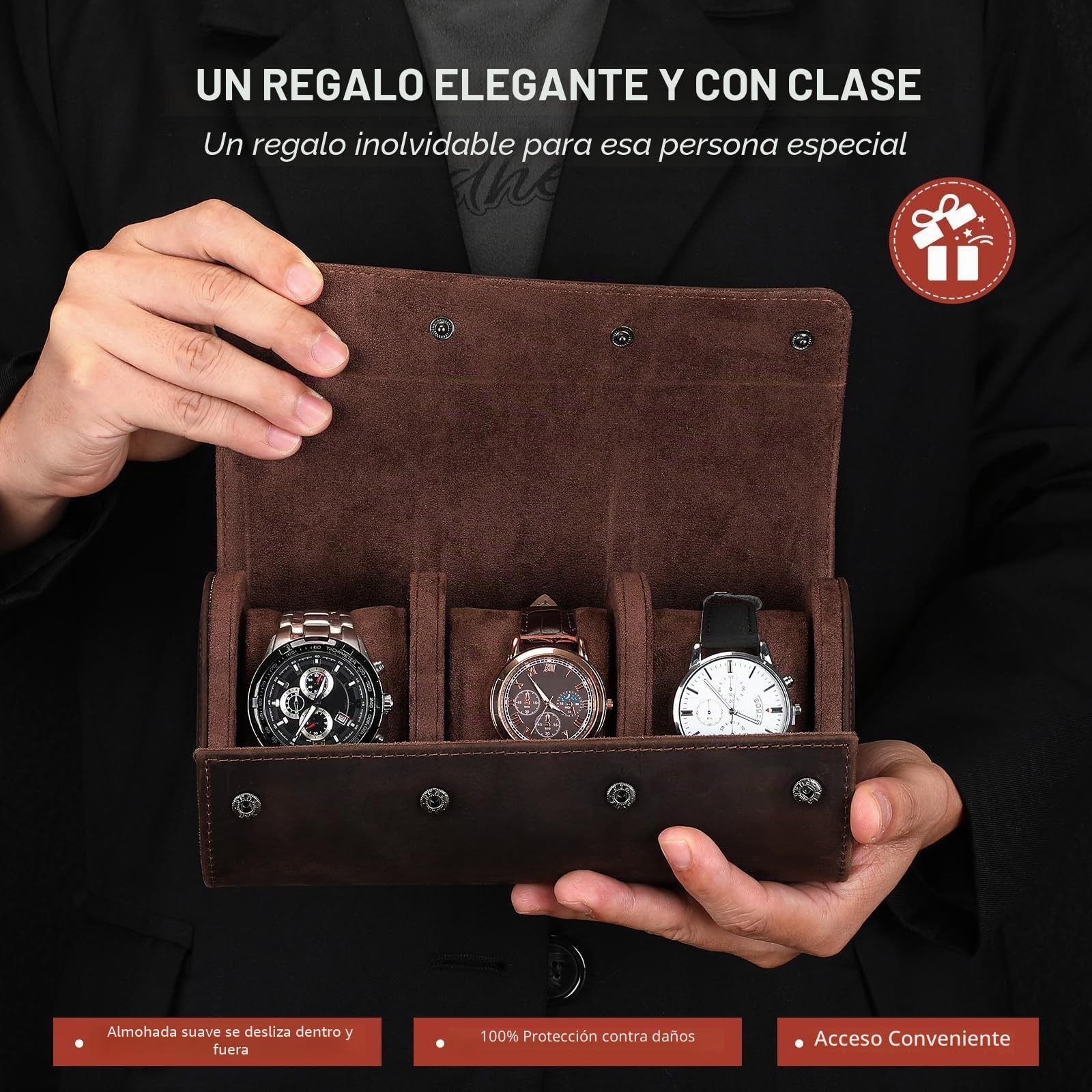 VINBAGGE Caja de Reloj, Estuche Enrollable de 3 Piezas Cuero,Estuche de Reloj Estuche de Reloj de Viaje Organizador Protector para Relojes de Pulsera