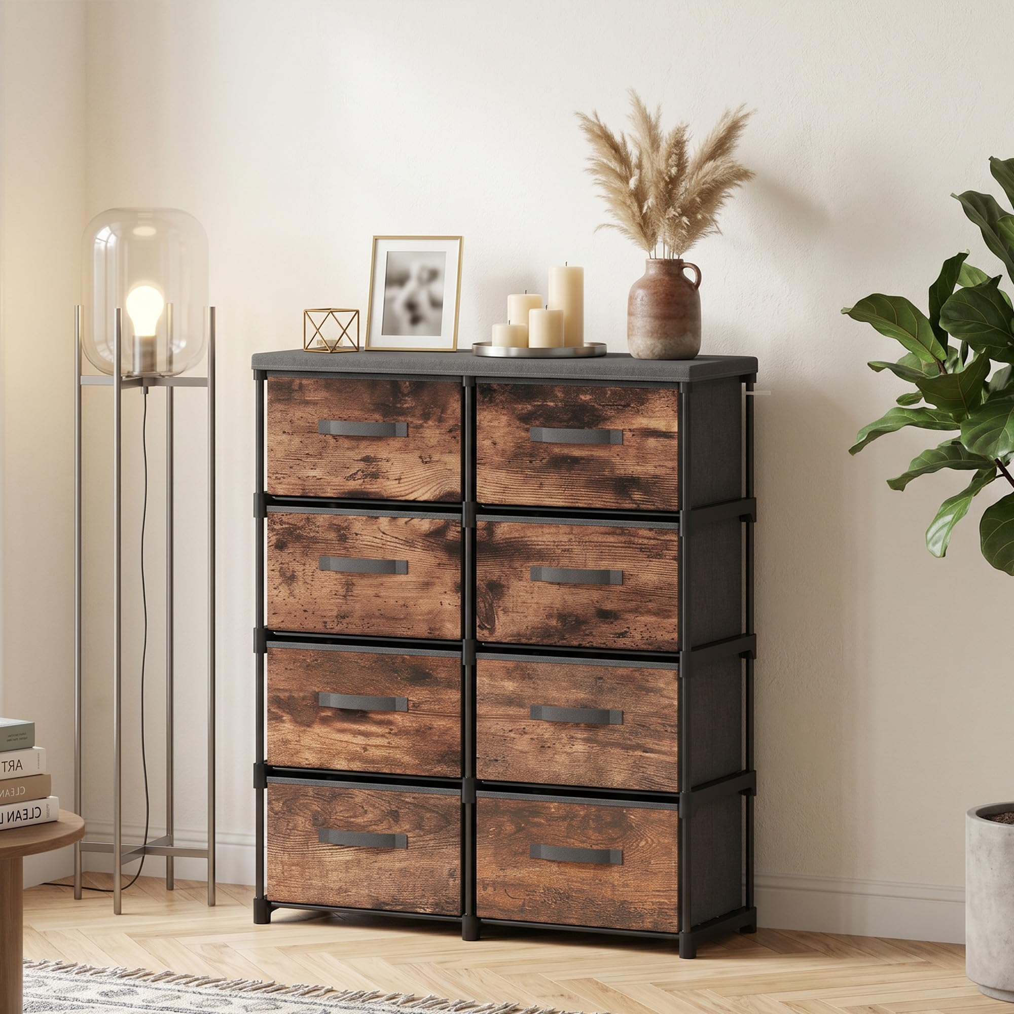 HOMCOM Cassettiera in Tessuto 8 Cassetti 84.5x30.5x100 cm Marrone Rustico | Salvaspazio, Mobile con Cassetti Industriale in Metallo, per Camera da Letto, Bagno e Soggiorno
