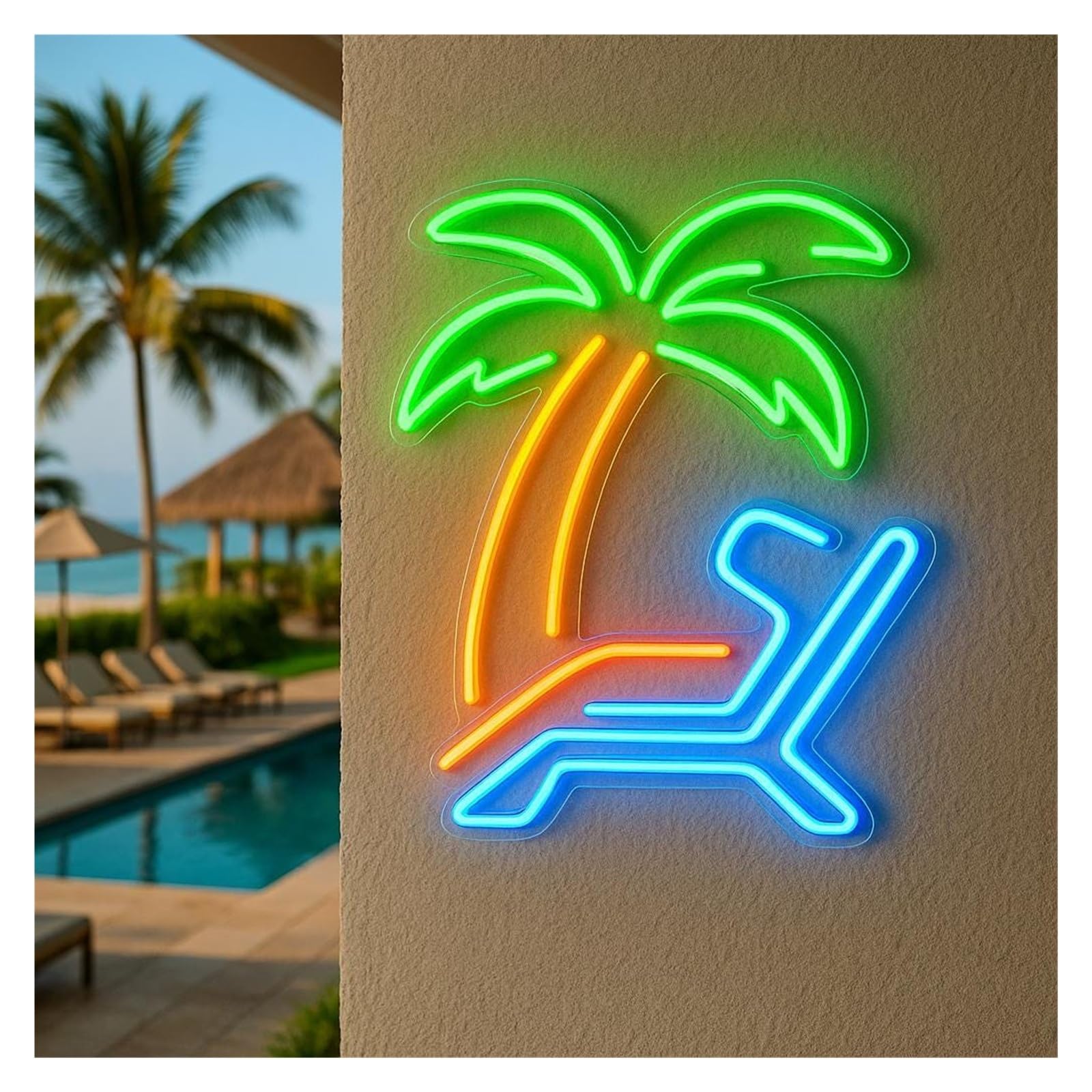 RONGCH Hanging Art Signs Pool Neon Sign Palm Tree and Lounger for Gameroom Bedroom Bar Livingroom Birthday Party Wall Decoration 50cm(G)