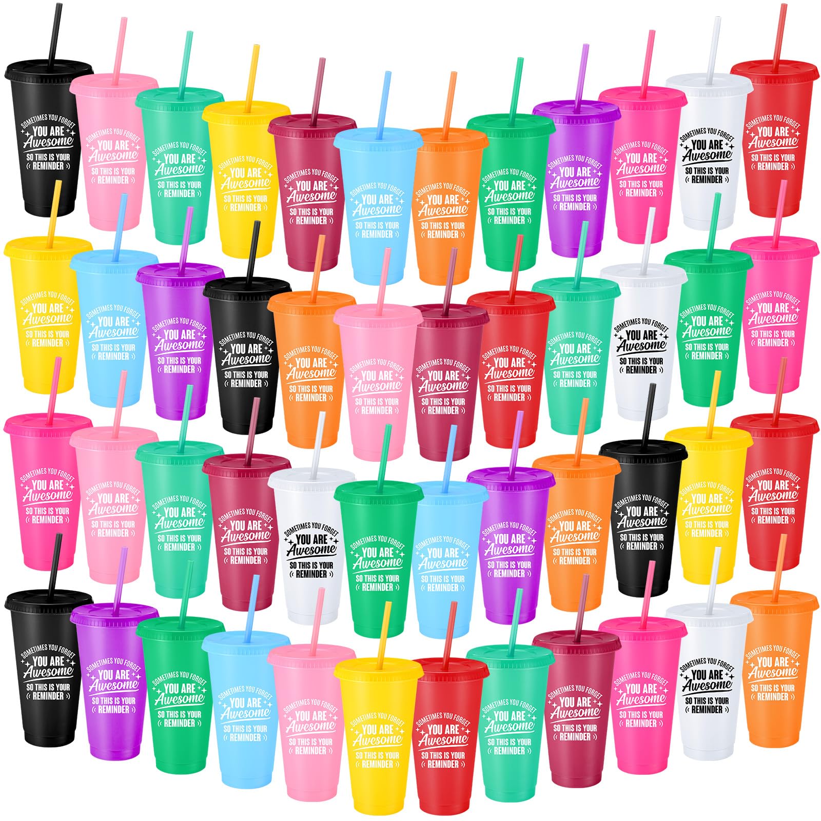 Inbagi 48 Pack Thank You Gift You Are Awesome Cup Bulk Employee Appreciation Gift 24 oz Plastic Tumbler with Lid and Straw Inspirational Reusable Tumbler Back to School Cup for Teacher Coworker Staff