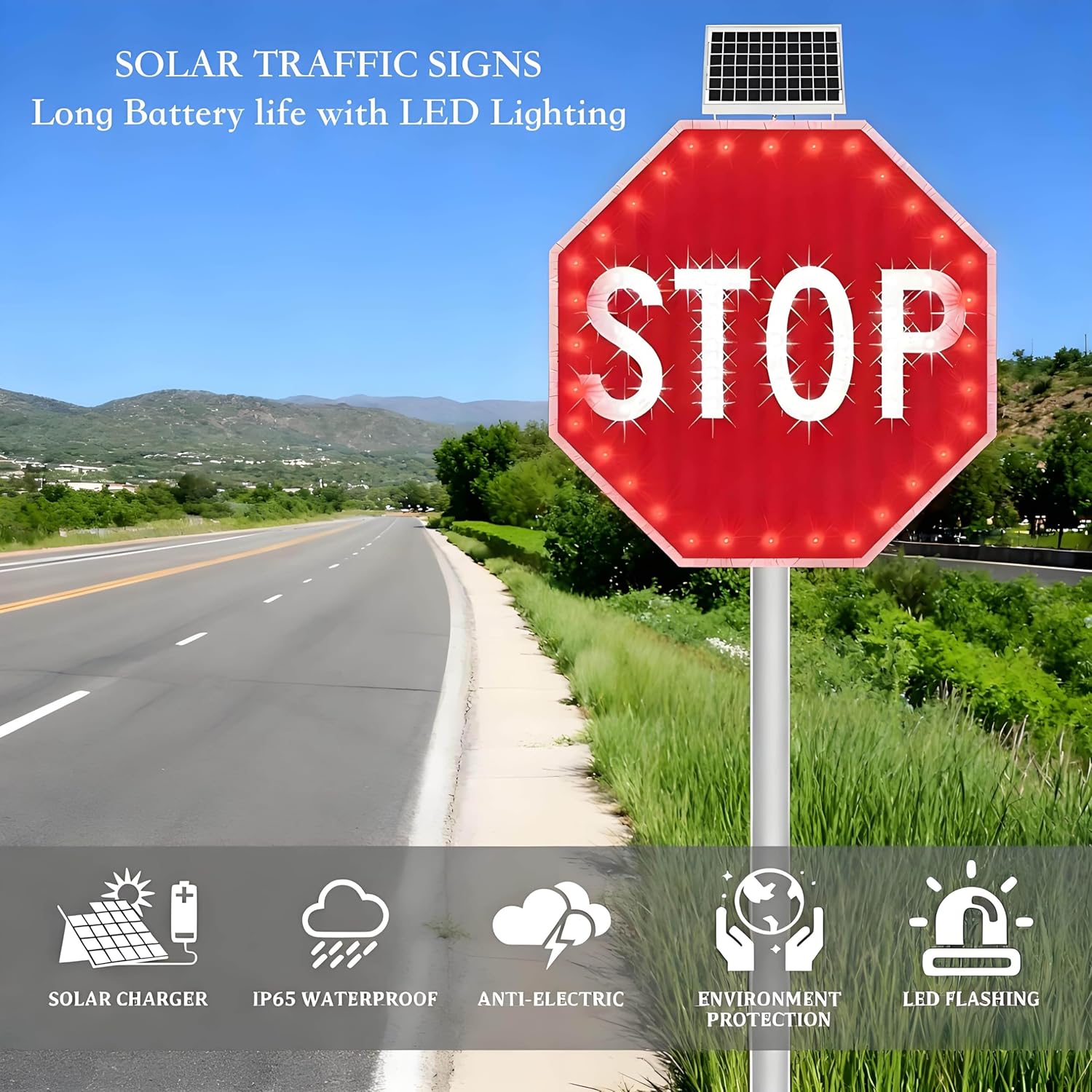 30-Inch Solar-Powered LED Flashing Stop Sign - Durable Aluminum Octagonal Traffic Sign for Enhanced Road Safety, Bright Red Warning Signal for Vehicles and Pedestrians