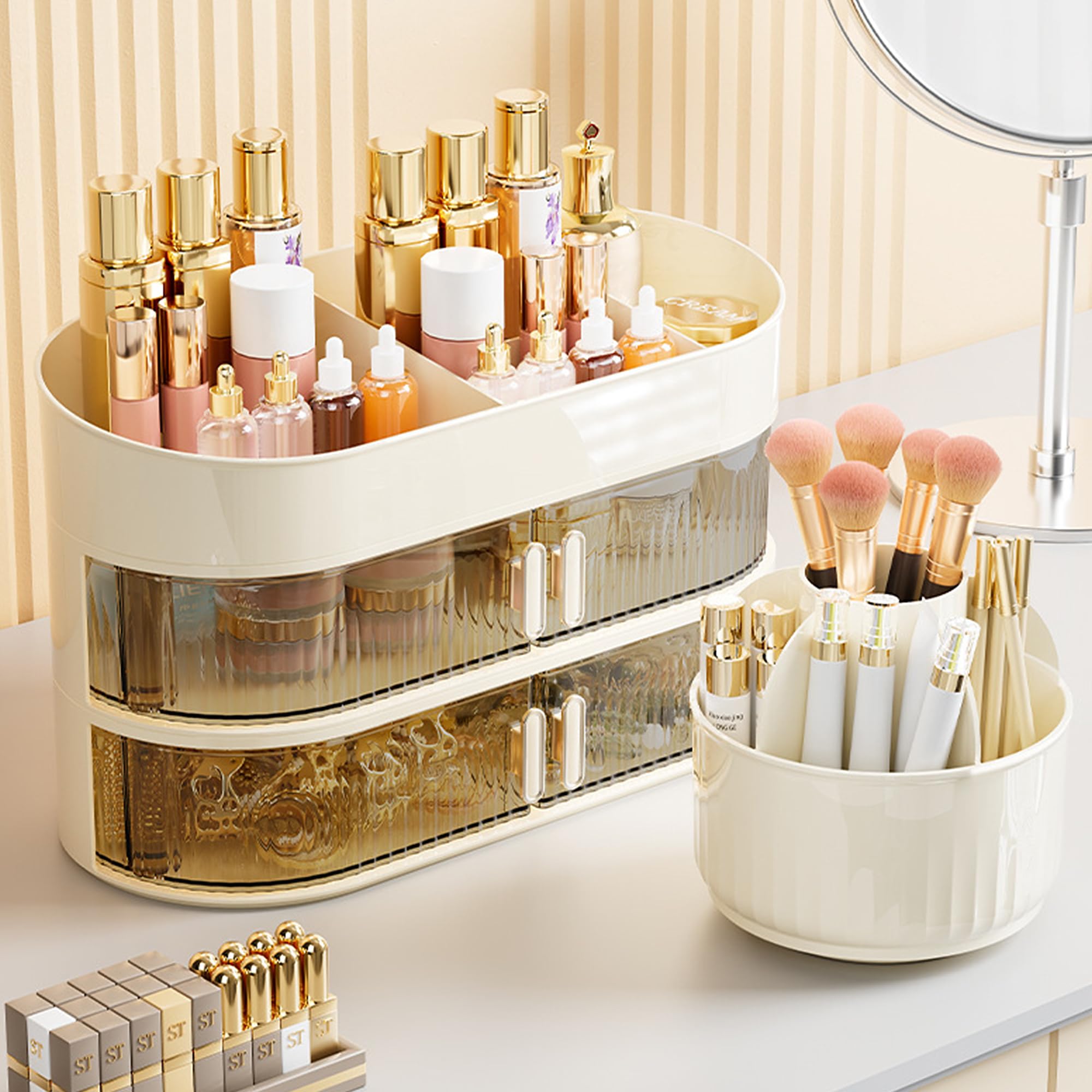 3 Couche Organisateur Maquillage pour Coiffeuse Boîte Multifonctionnel 360 Degrés Rotatif Support pour Pinceaux Maquillage Présentoir Cosmétique pour Chambre Salle de Bain pour Rouges à Lèvres Lotions
