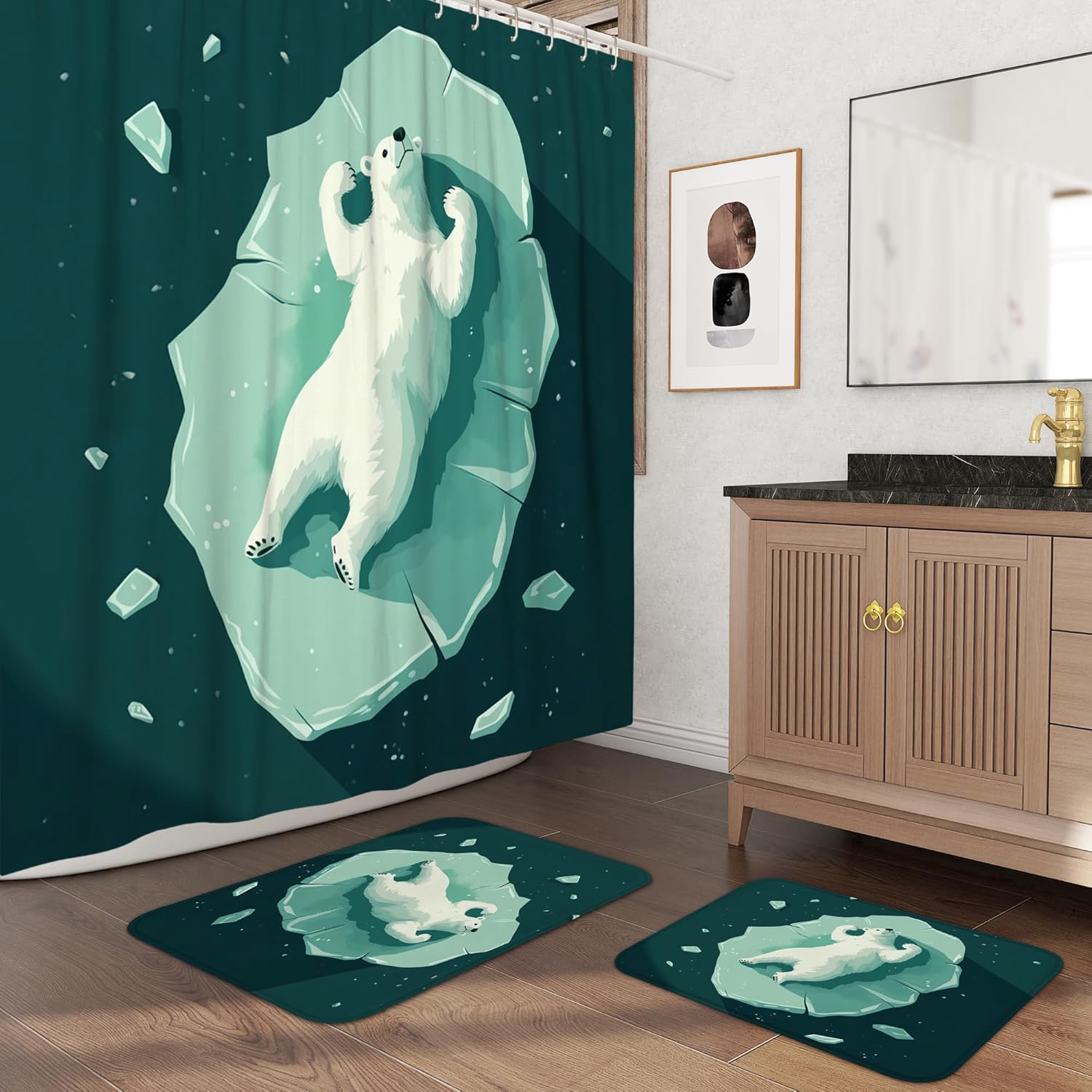 3PCS Fun Polar Bear on Ice Bathroom Accessory Set with Two Non-Slip Washable Bath Rugs (16x24&20x32), Kid Funny Animal Bathroom Mat Decorative-72''x72'''