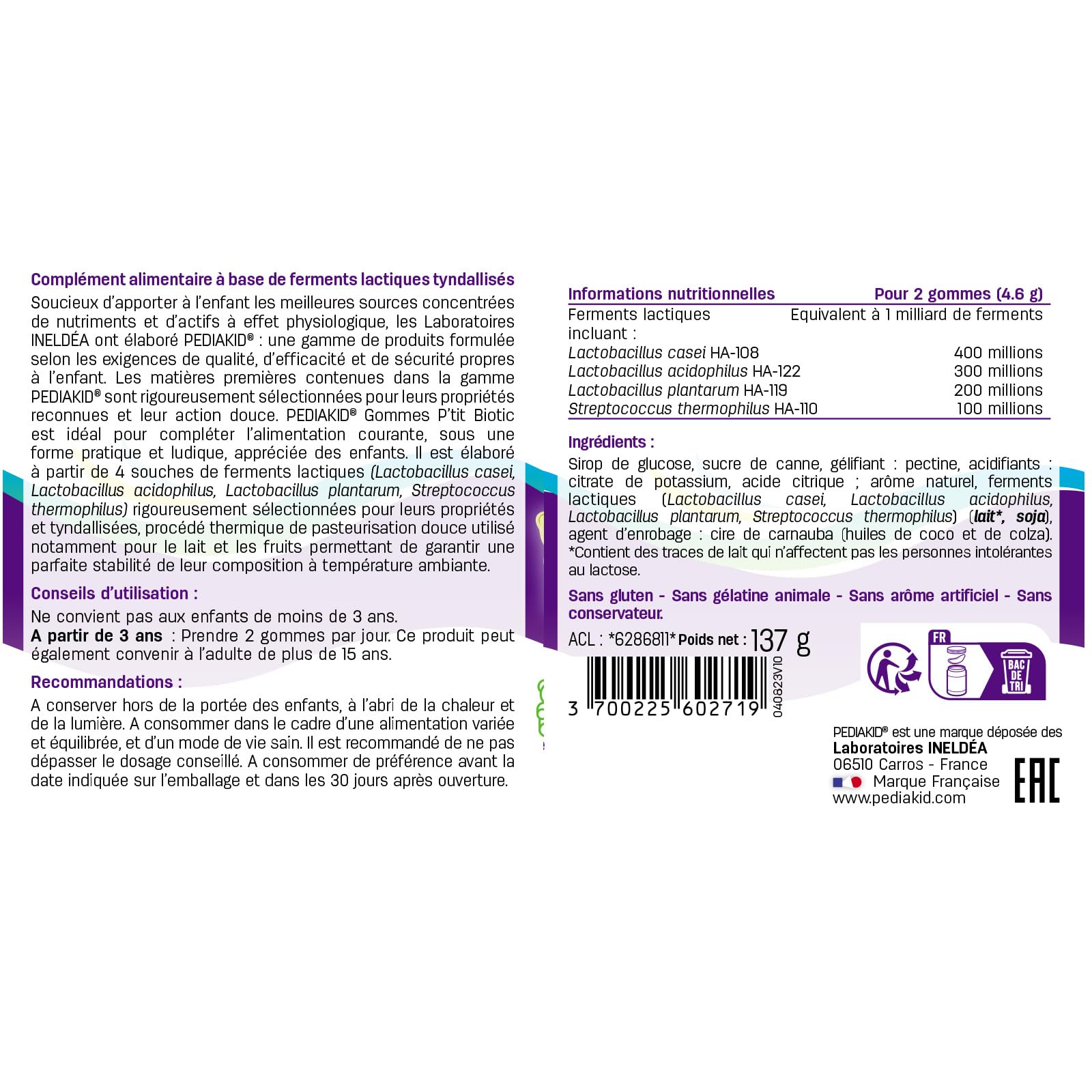 PEDIAKID - Pack Enfants Automne/Hiver - PEDIAKID Sirop Nez-Gorge + PEDIAKID 22 Vitamines & Oligo-éléments + PEDIAKID spray Nez-Gorge + PEDIAKID gommes immunité + PEDIAKID gommes P'tit Biotic