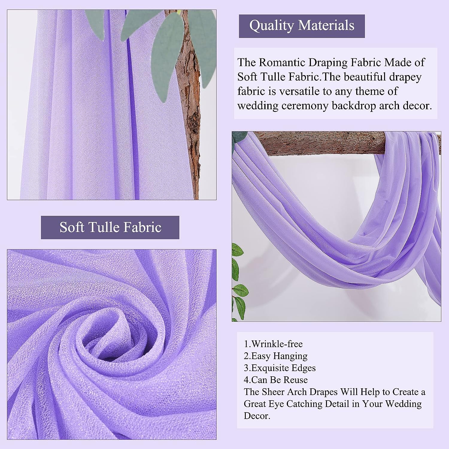 HUHJYUGE Lot de 1 Mariage Arche Tenture, Voilage Tulle Suspendue Violet Drapés en Mousseline Elastique pour Décoration de Mariage, Toile de Fond, Rideau de Gaze (7 400cm)