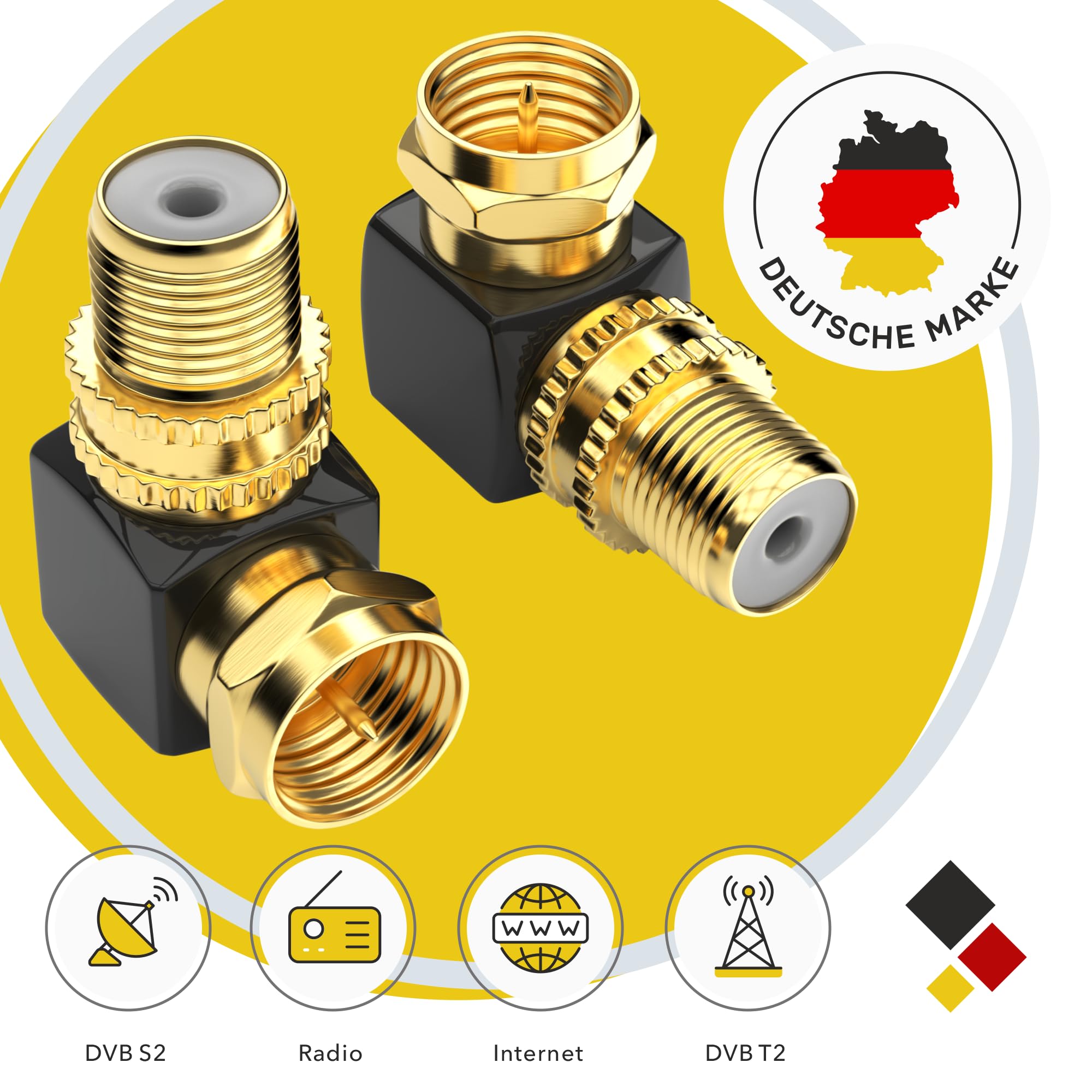 RedStar24 Sat F - Adattatore angolare a 90° per cavo coassiale, spina ad angolo F, adattatore a F, ad angolo, cavo antenna satellitare, accoppiamento placcato oro, 2 pezzi