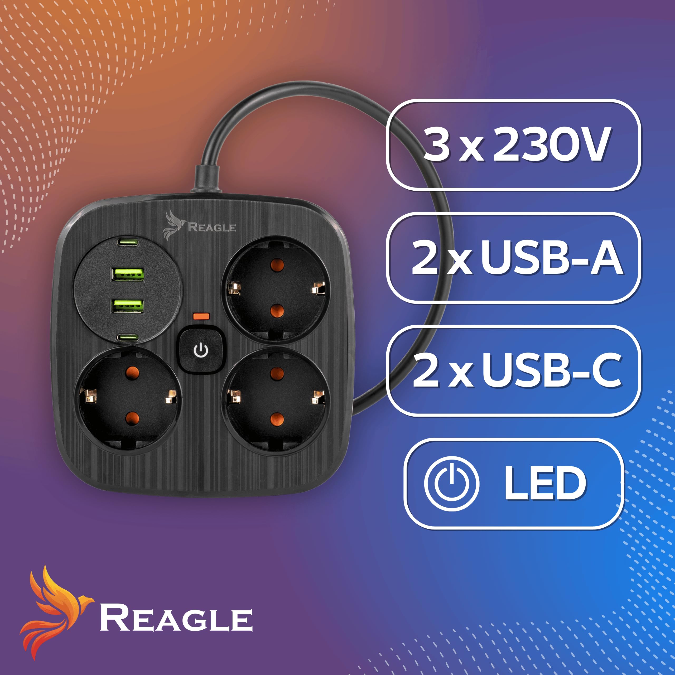 Reagle Listwa Zasilająca z 4 portami USB 2x USB 2x USB-C, Antyprzepięciowa, 3 Gniazda 230V, Przedłużacz Rozdzielacz z przełącznikiem do Oszczędzania Energii do domowego biura Kabel 3M