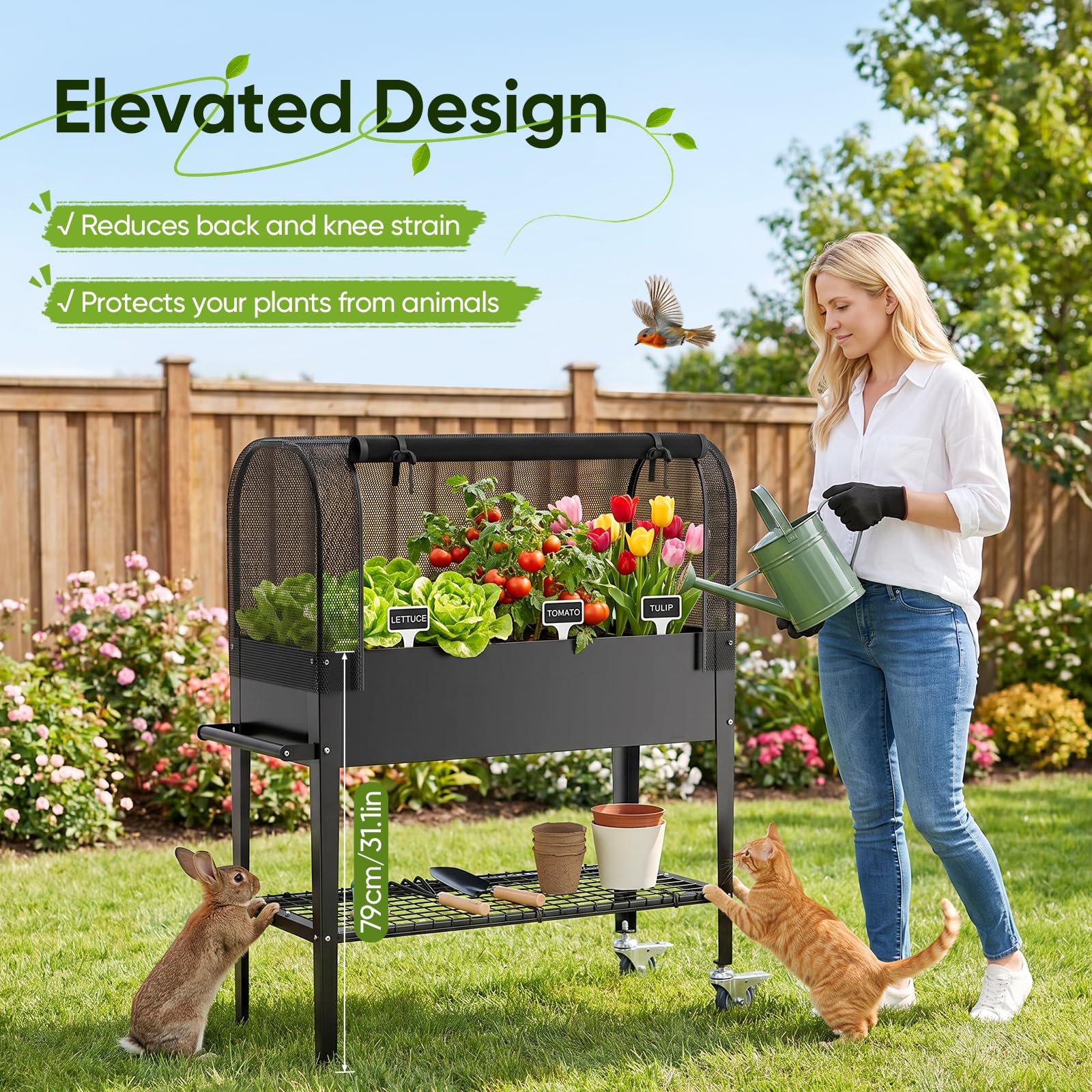 Bancal portátil para verduras con capacidad de 82,7 l | Bancal de metal con cubierta de red y ruedas, 111 x 57 x 120 cm, galvanizado inoxidable, para balcón, terraza