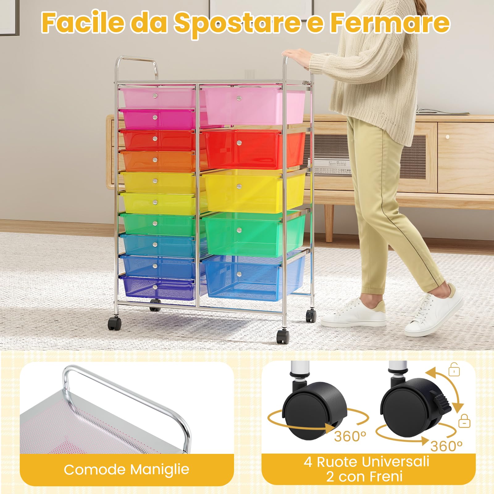 RELAX4LIFE Carrello Portaoggetti con 15 Cassetti Staccabile，Impilabili e Impermeabile, con 4 Ruote Universali, Salvaspazio di Grande Capacità, Multiuso per Cucina, Bagno e Ufficio (COLORATO 4)
