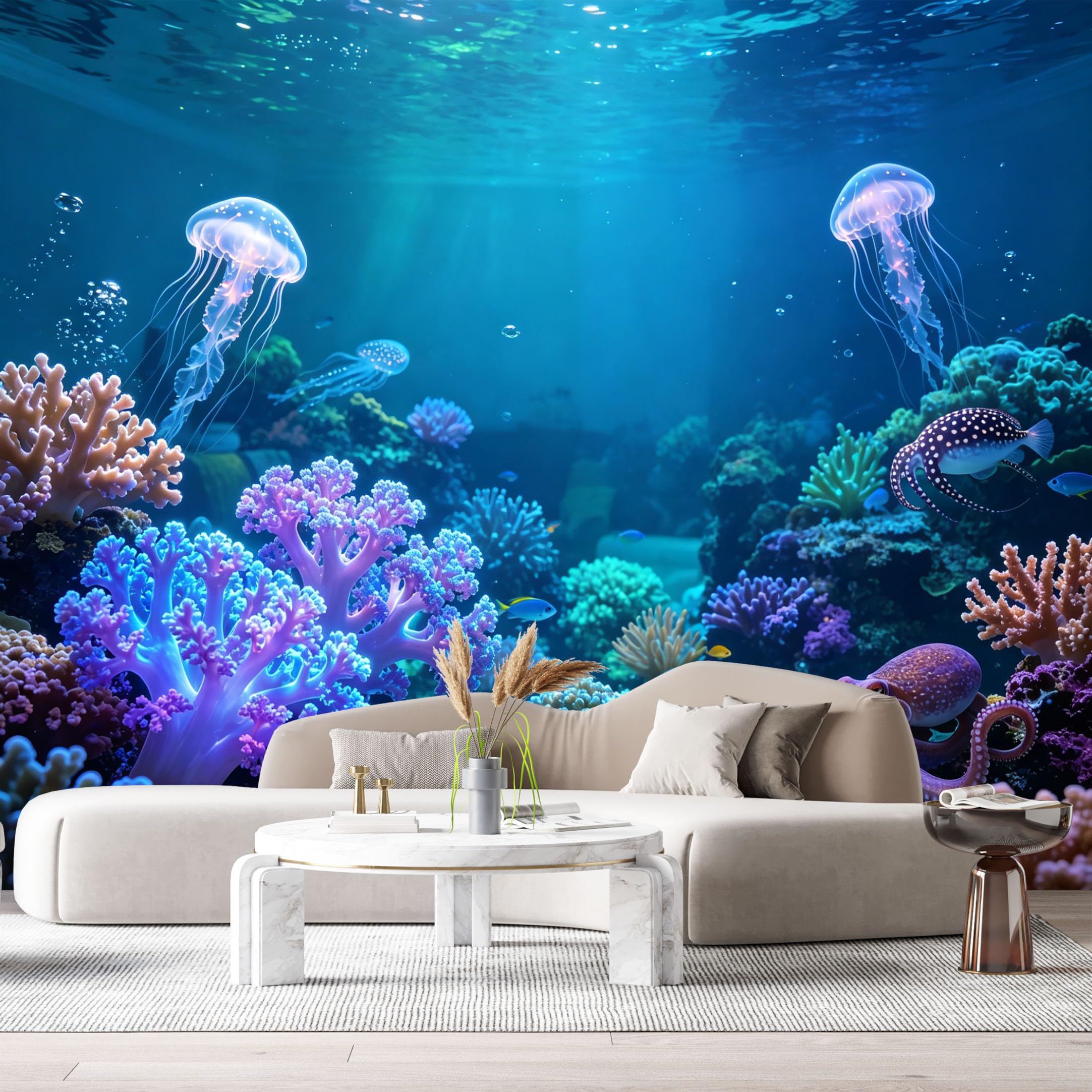 Custom Size Wall Murals Ocean Marine Jellyfish Octopus Coral Reef 3D SelfAdhesiveWall Fabric Removable Wallpaper Wall Decor for Living Room Bedroom Bathroom
