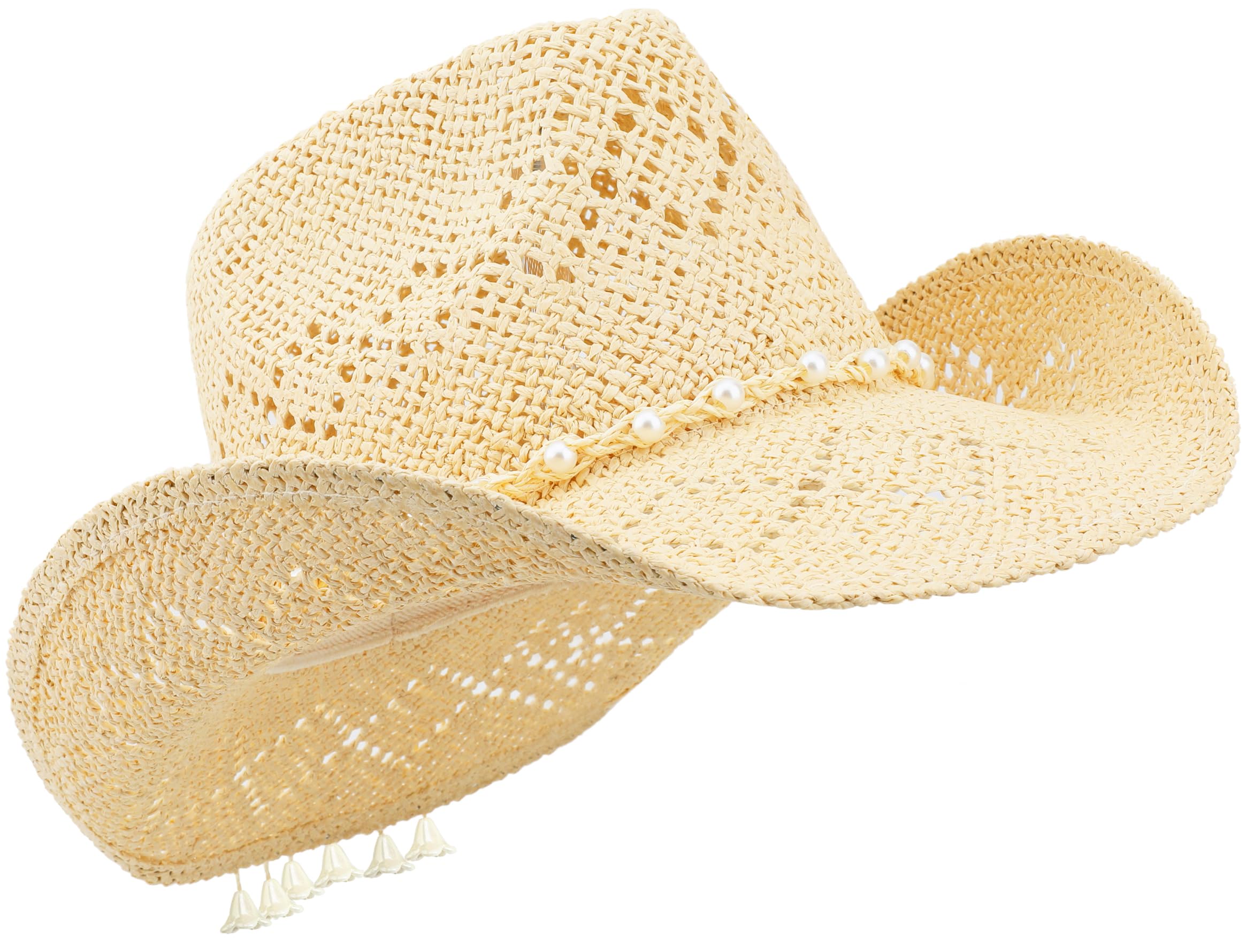 BESOOGII Straw Beach Cowboy Hat for Women Shapeable Brim Western Cowgirl Hat (US, Alpha, One Size, Beige)