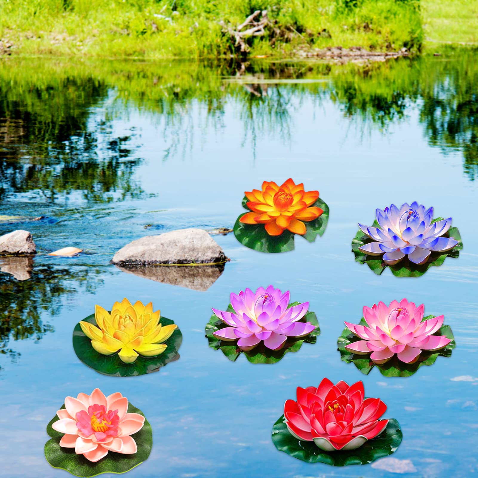 Fiori di Loto Artificiali, 6PCS Fiore Galleggiante per Laghetti, Piscina e Acquario - Piante Decorative per Giardino
