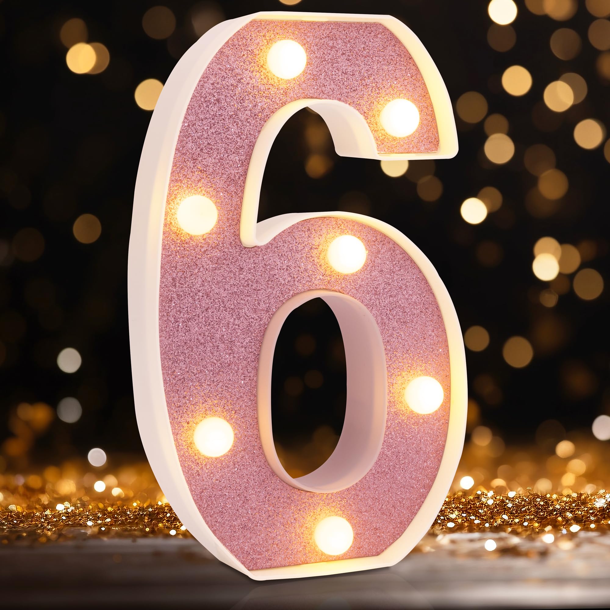 LED Marquee Numbers, Small Light Up Numbers for Party, 8.58 Inch Battery Powered Lighted Number for Birthday, Night Light, Table or Home Decor (Pink Glitter, Number 6) — image 1