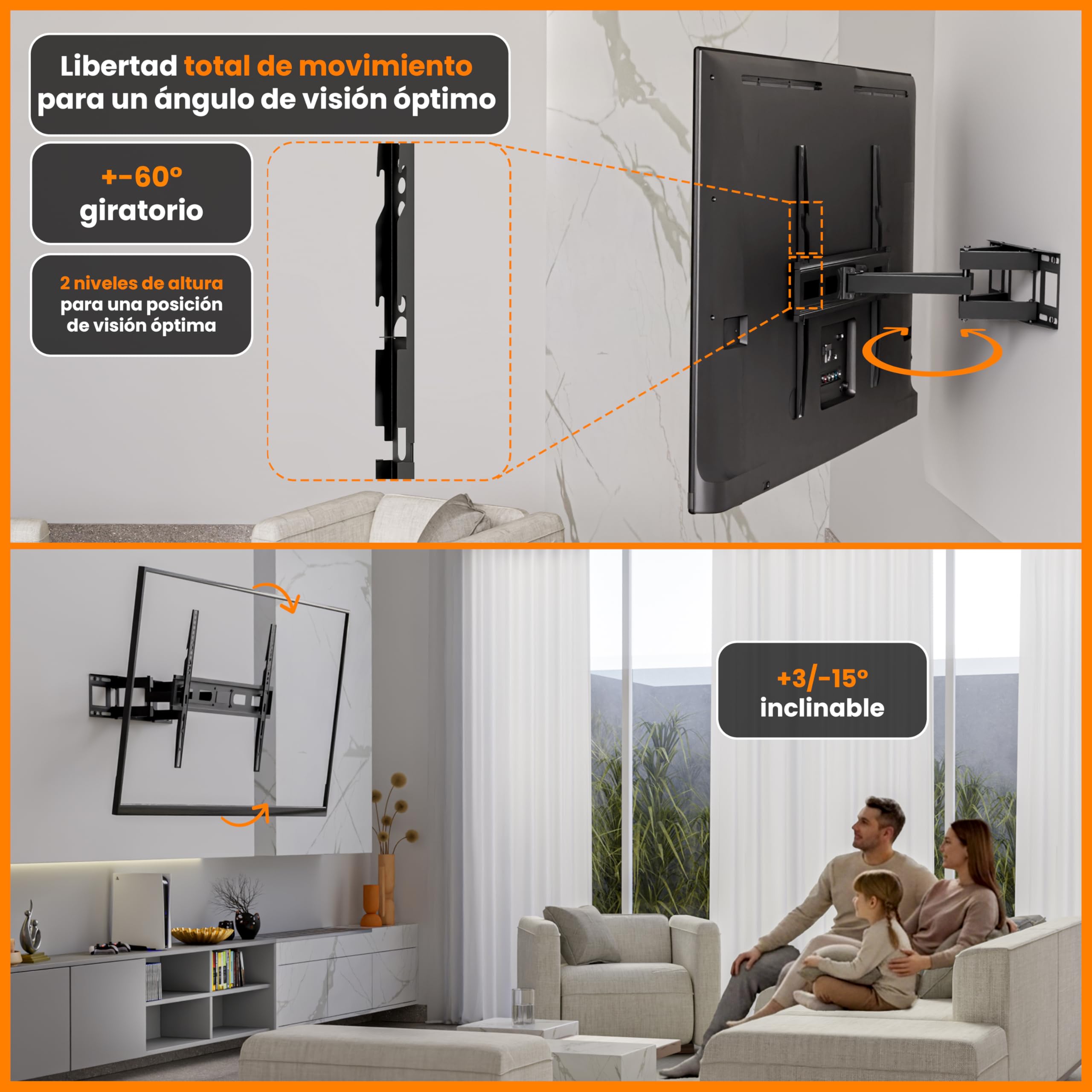 Easylife Soporte de TV de Pared FlexMount E80 Dual 37–80'', Doble Brazo, Inclinable y Giratorio, VESA 600x400, hasta 40KG, Plano Articulado para Televisor Pared con Gestión de Cables