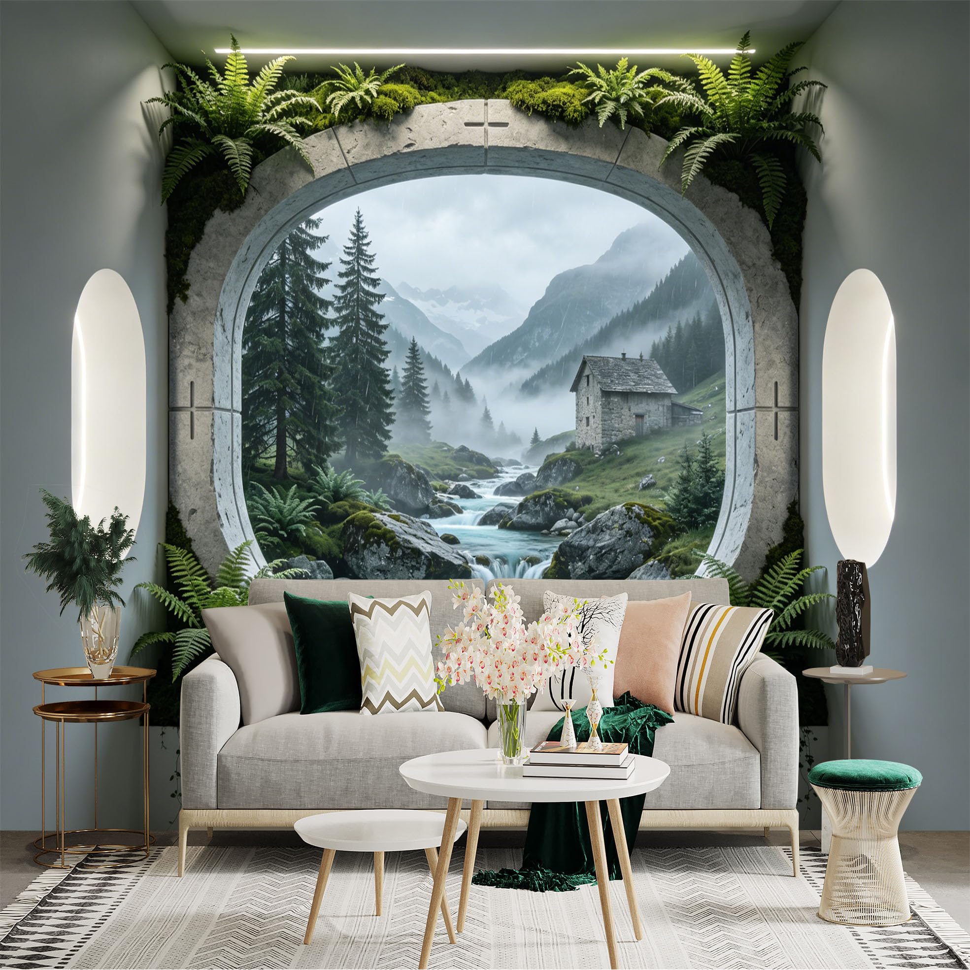 Custom Size Wall Sticker Mural， Mountain Cabin by River with Pine Forest and Misty Valley View， for wall Decoration， peelandstick wall Decals.
