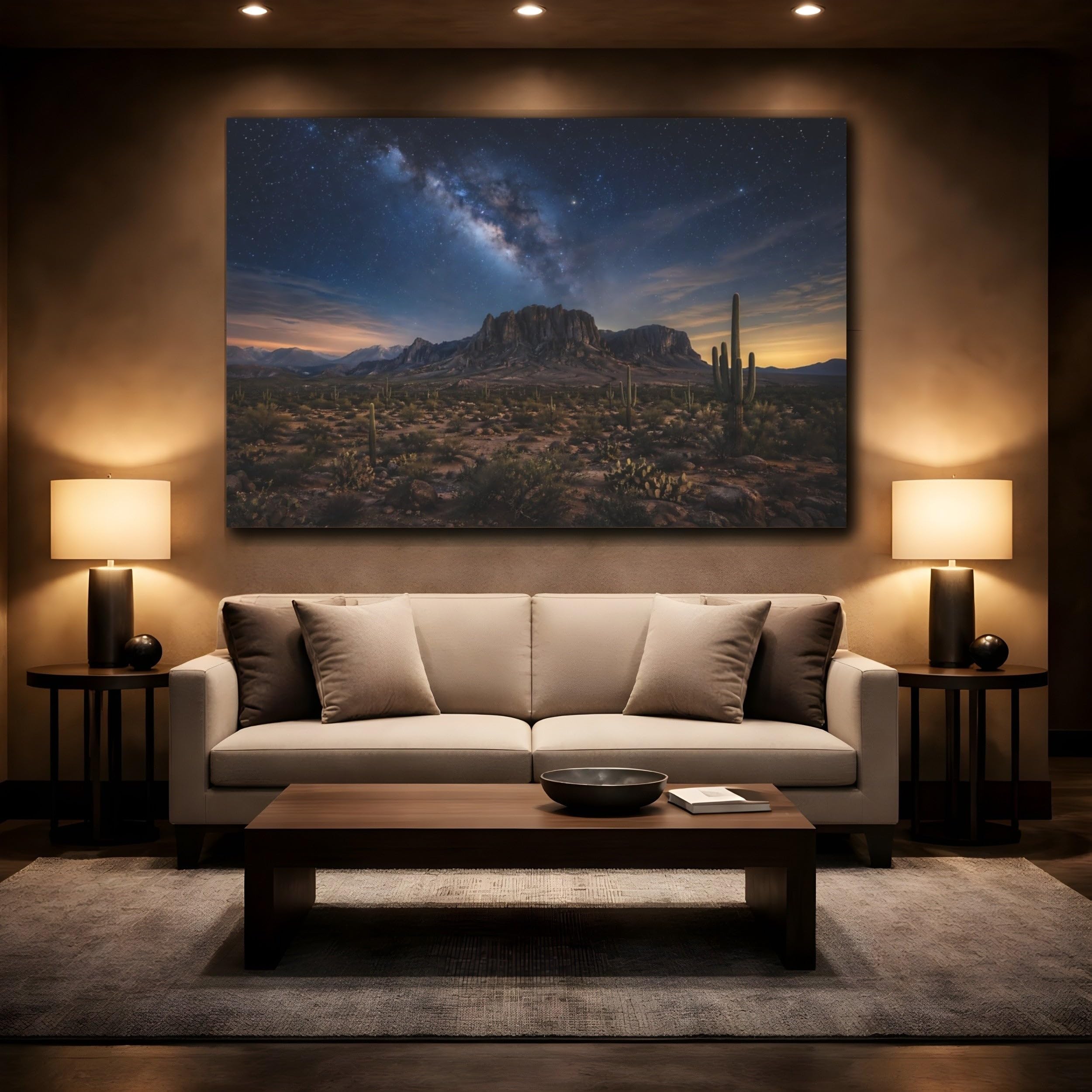 Nature Milky Way Blue Desert Sky Canvas Wall Art Print – Realistic Living Room, Above Sofa 24×16 inch (60×40 cm) - Horizontal / 1.25 inch (3 cm)