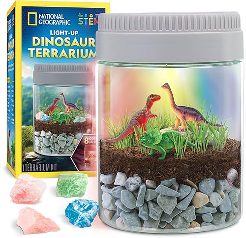 Miniatura 1 de Kit de terrario de dinosaurio para niños, kit de terrario con luz multicolor para niños, construye un hábitat de dinosaurio con plantas reales, kit