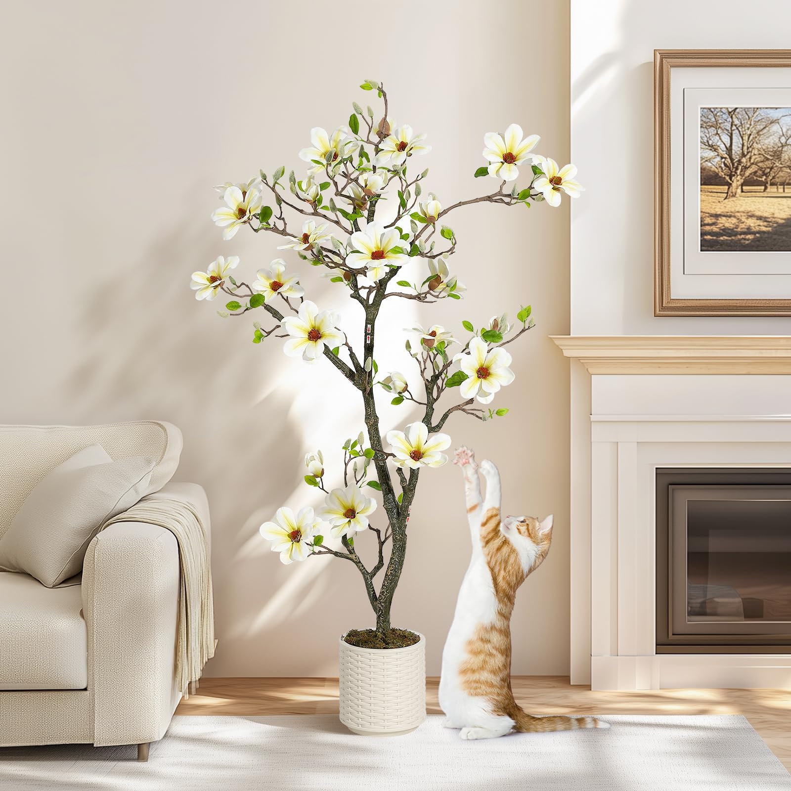 Garvee Árbol Artificial de Magnolia 150cm, con Maceta Blanca, Plantas Artificiales Decorativas para Interior, Salón, Patio, Hogar, Oficina, Porche o Vestíbulo de Hotel, 150cm
