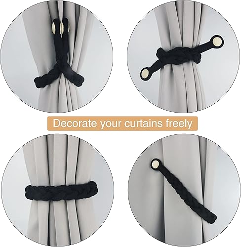 Miniatura 10 de Porlau Paquete de 2 alzapaños magnéticos grises suaves para cortinas, de algodón, tejido a mano, con hebilla de madera, para decoración del hogar y