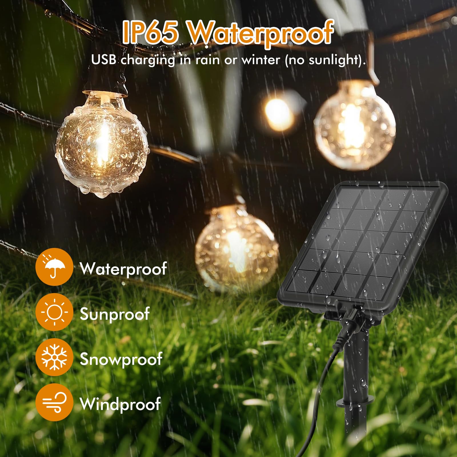 Solar String Lights Outdoor Garden- 15M Shatterproof & Waterproof G40 LED Bulbs, Remote Control w/4 Dimming - Image 4