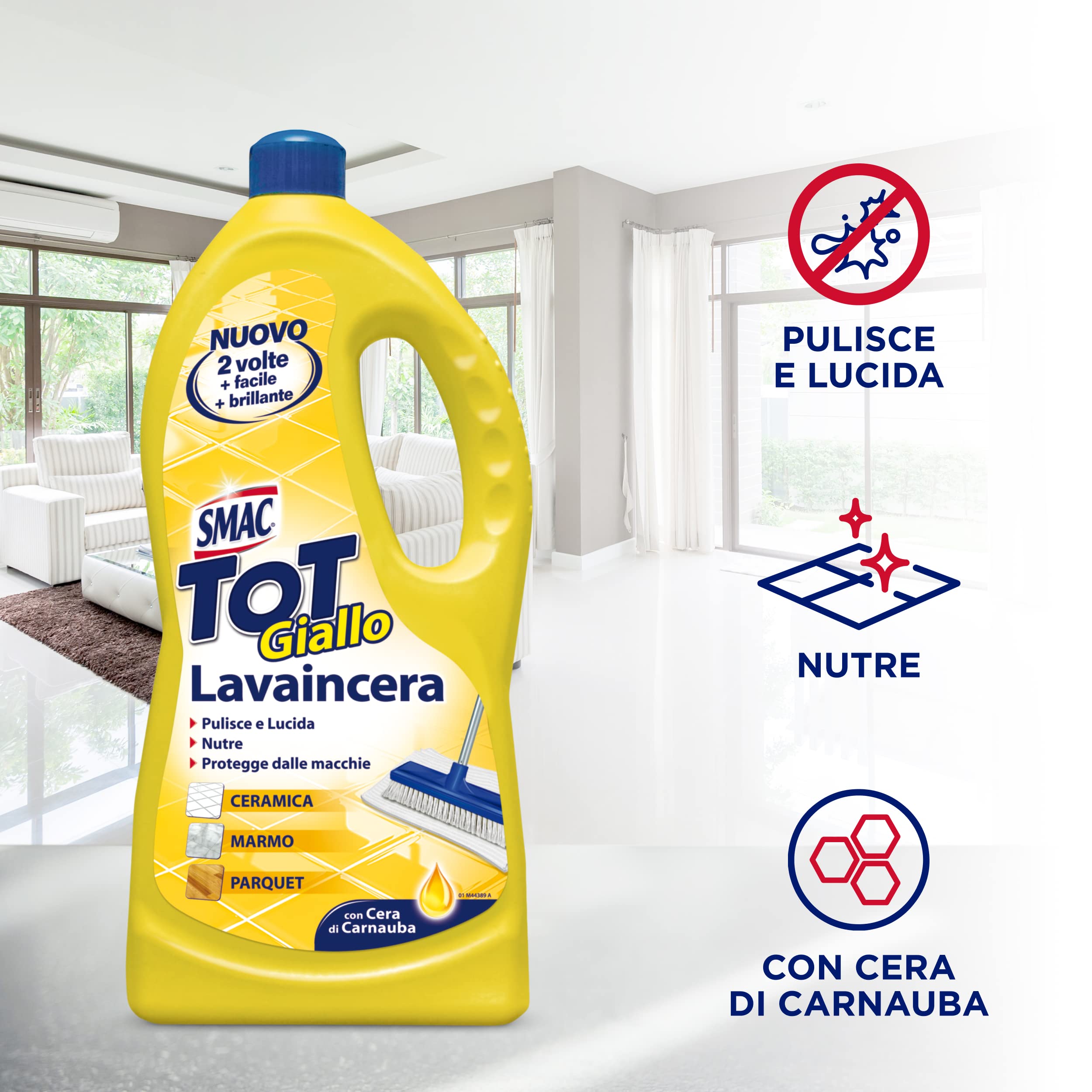 Smac - Tot Giallo Lavaincera, Detergente Pavimenti Pregiati in Ceramica, Marmo e Parquet, con Cera di Carnauba, 1000ml x 12 Pezzi