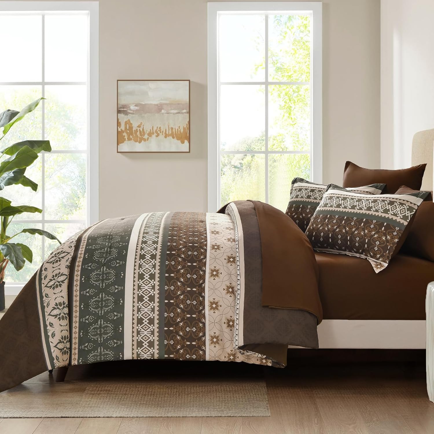 WONGS BEDDING Boho Comforter Set King, 7 Pieces Brown Comforter and Sheet Set,Bohemian Striped Floral Pattern Comforter Bedding Set,Soft Microfiber Bed in a Bag for All Season - Image 3