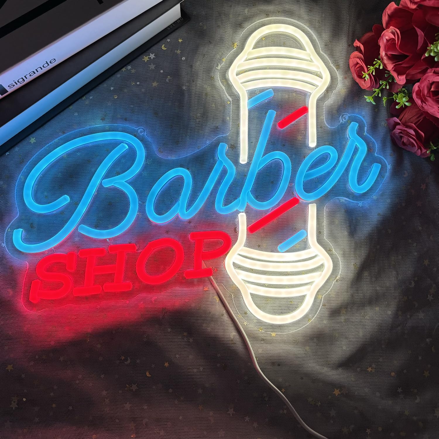 Panneau néon LED à intensité variable pour magasin de coiffure - Décoration murale et de fenêtre - Matériau acrylique réutilisable - Salon de coiffure - Cadeau pour coiffeur - 37 x 32 cm