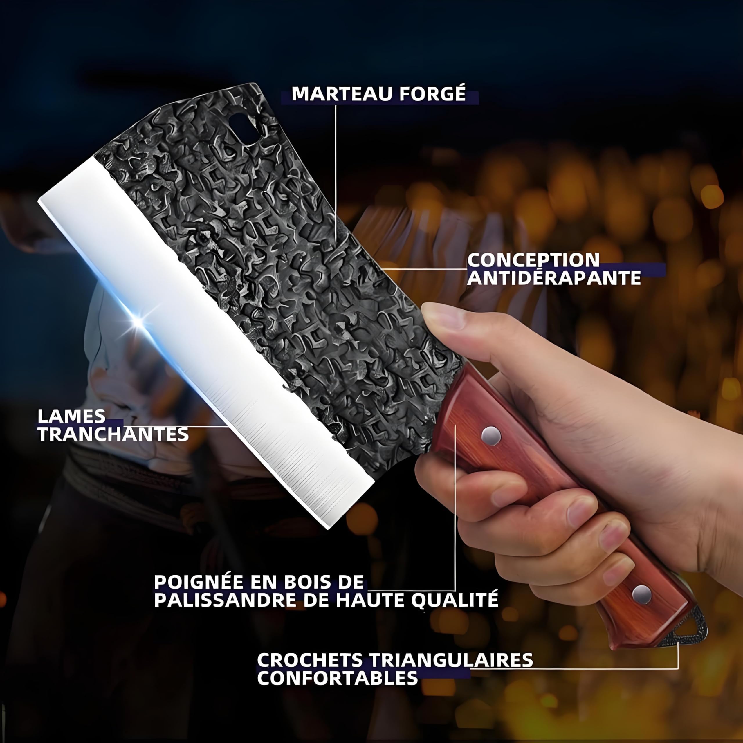 Set de 4 Couteaux de Cuisine Butcher (Couteau Chef Serbe 8", Couteau à Viande 8", Couteau à Désosser 6.5", Couteau à Aiguiser 12"), Acier Inoxydable Haut Carbone, Revêtement Anti-Adhérent Martelé