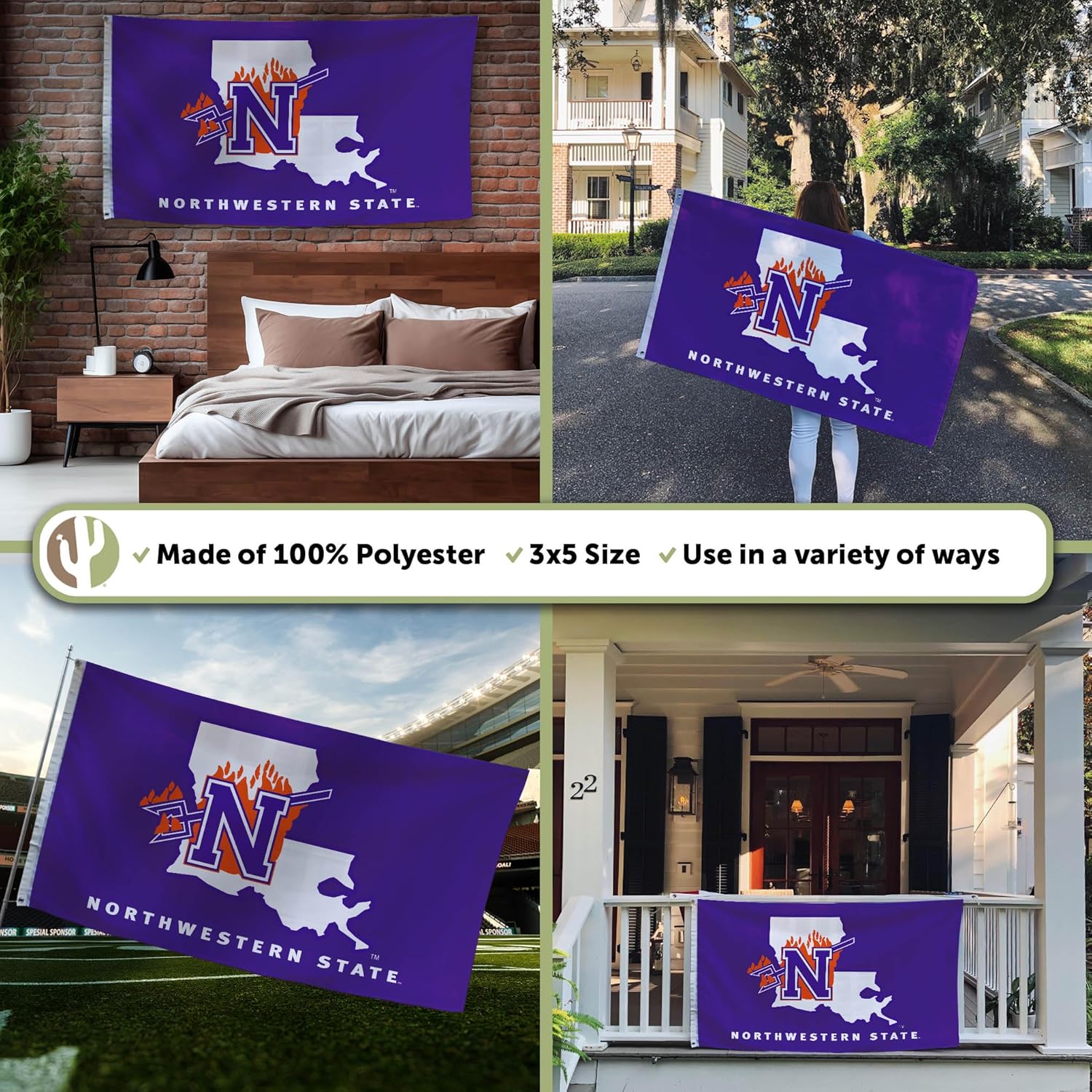 Desert Cactus Northwestern State University NSU Flag - 3 x 5 Feet Demons Banner, Indoor/Outdoor Durable Fabric, 100% Polyester Design (Style 2a) - Image 3