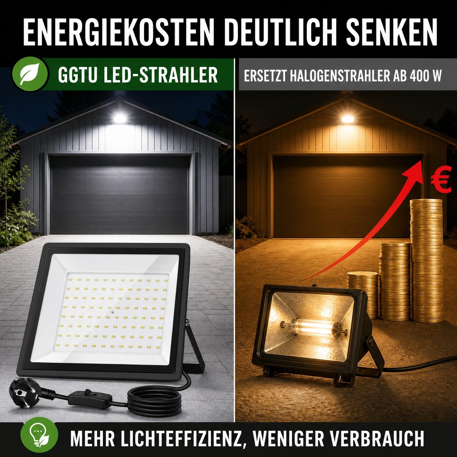 Zewnętrzny reflektor LED 100 W, 11000LM 6500K zimna biel, kabel 2 m z wtyczką, IP66, wodoszczelny, ultra jasny reflektor, idealny do magazynu, budowy, basenu i boiska do koszykówki (100W2P)