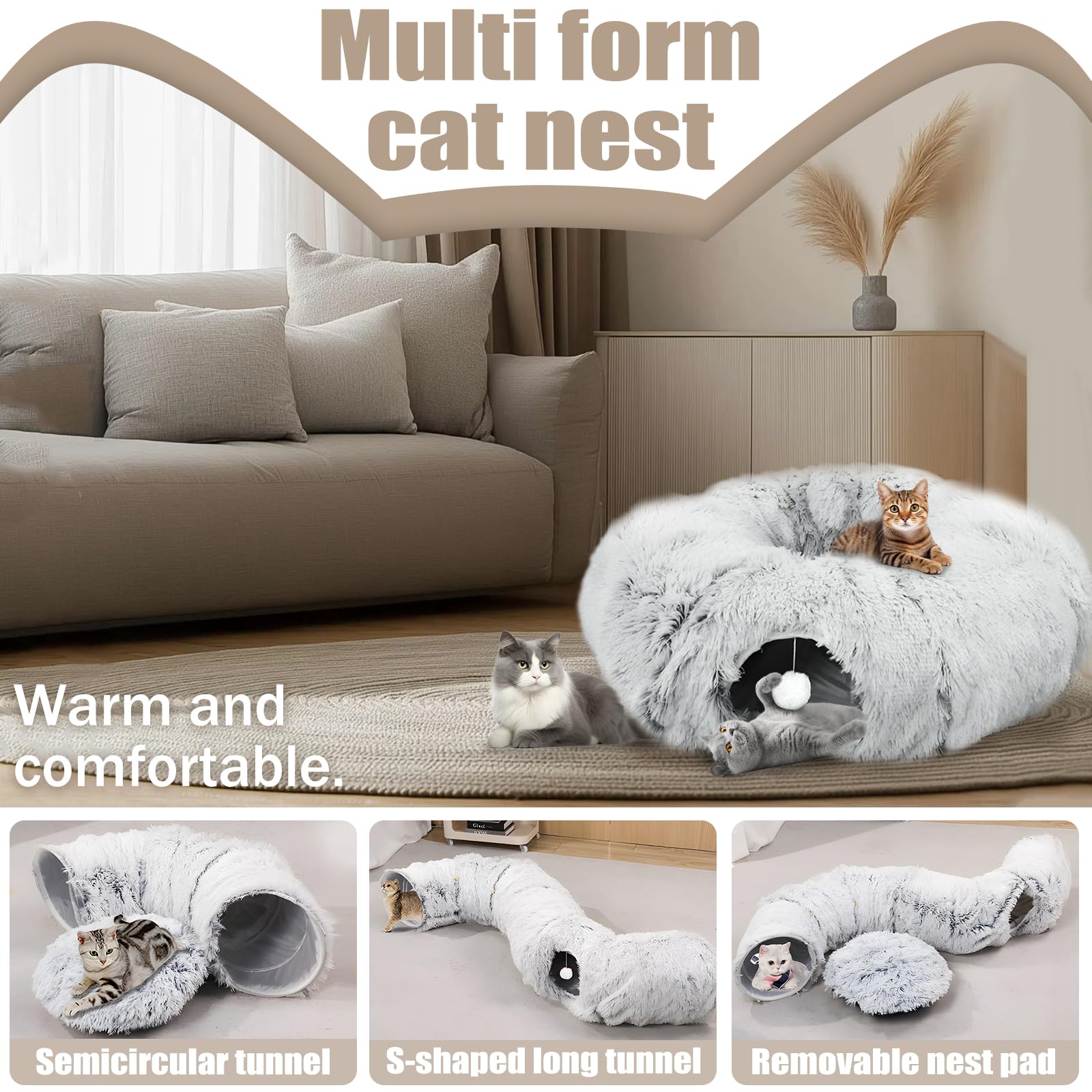 Tunnel per gatti rotondo con cuscino letto, tunnel per gatti rotondo con cuscino rimovibile, con tappetino rimovibile e palline tremanti, grigio chiaro