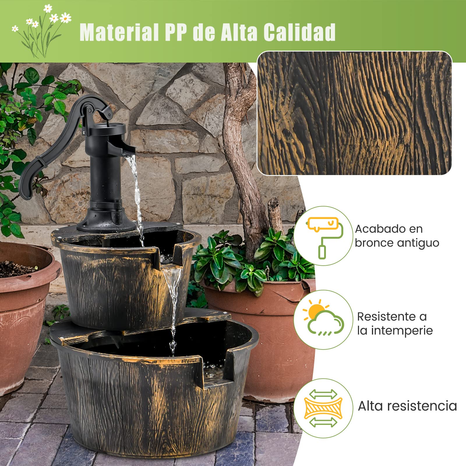 COSTWAY Fuente de Cascada de Barril al Aire Libre de 2 Niveles, Rústica con Bomba Ajustable, 68 cm para Jardín, Patio, Decoración